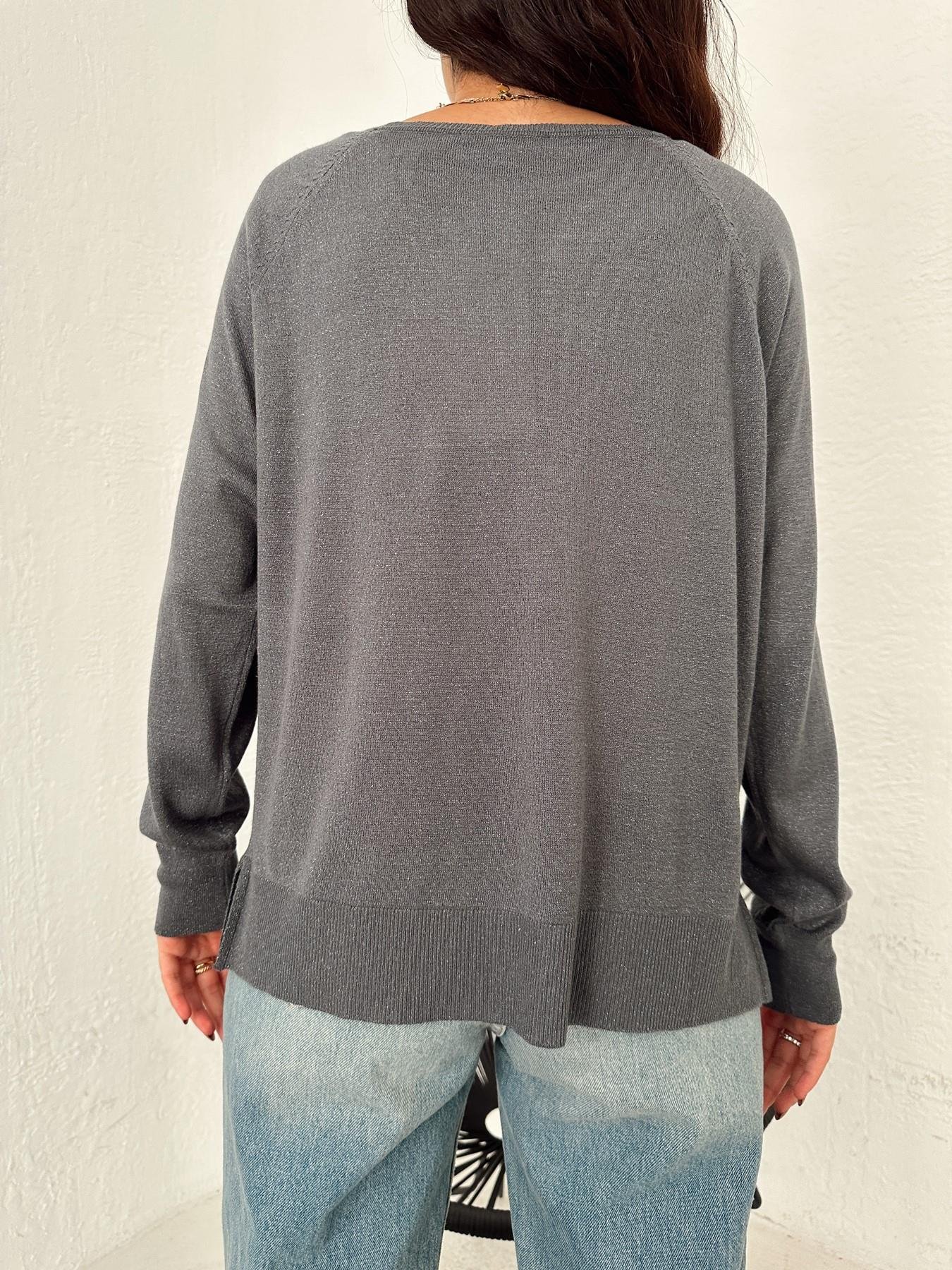 Bisiklet Yaka Simli İnce Triko FÜME