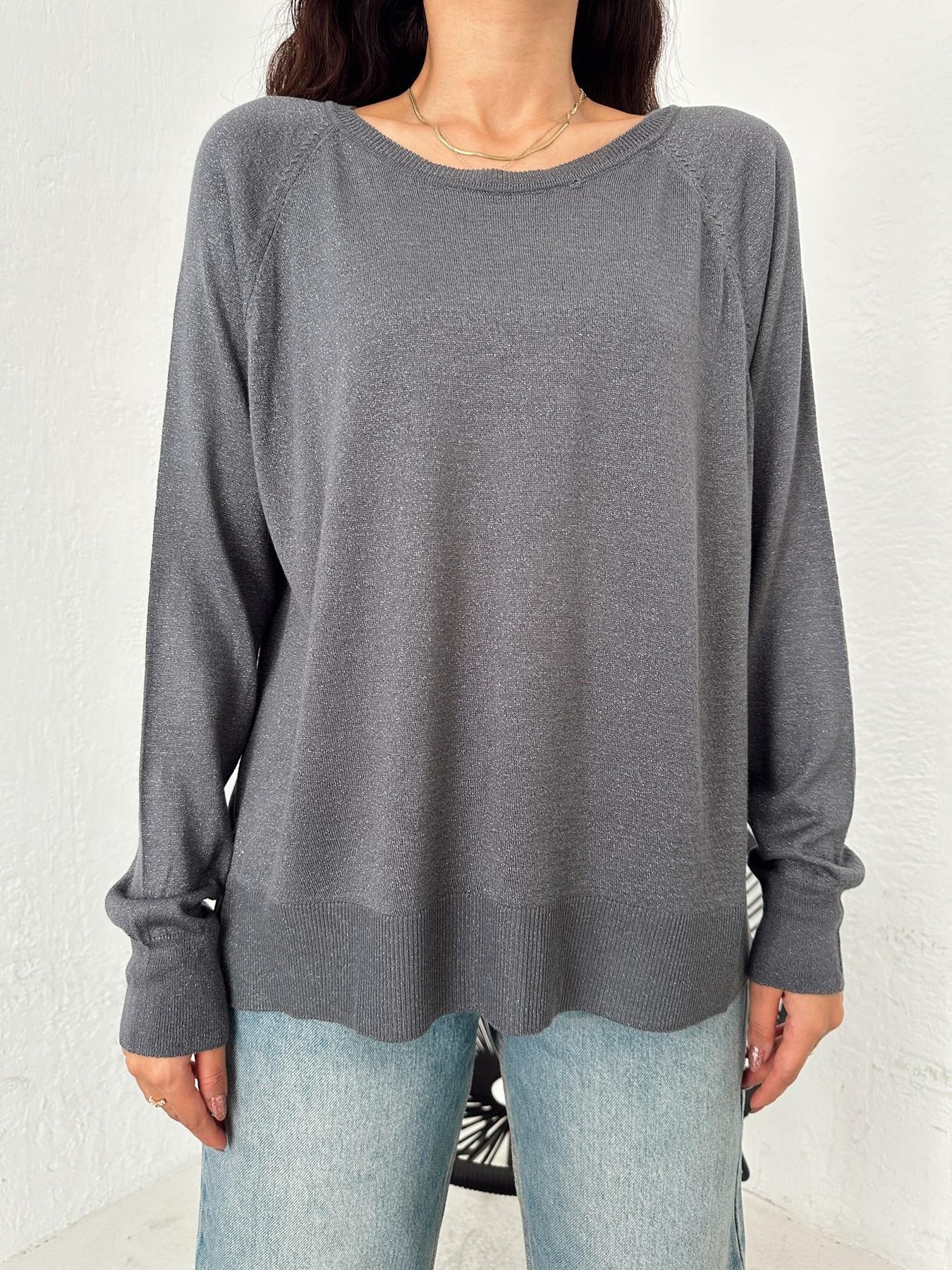 Bisiklet Yaka Simli İnce Triko FÜME