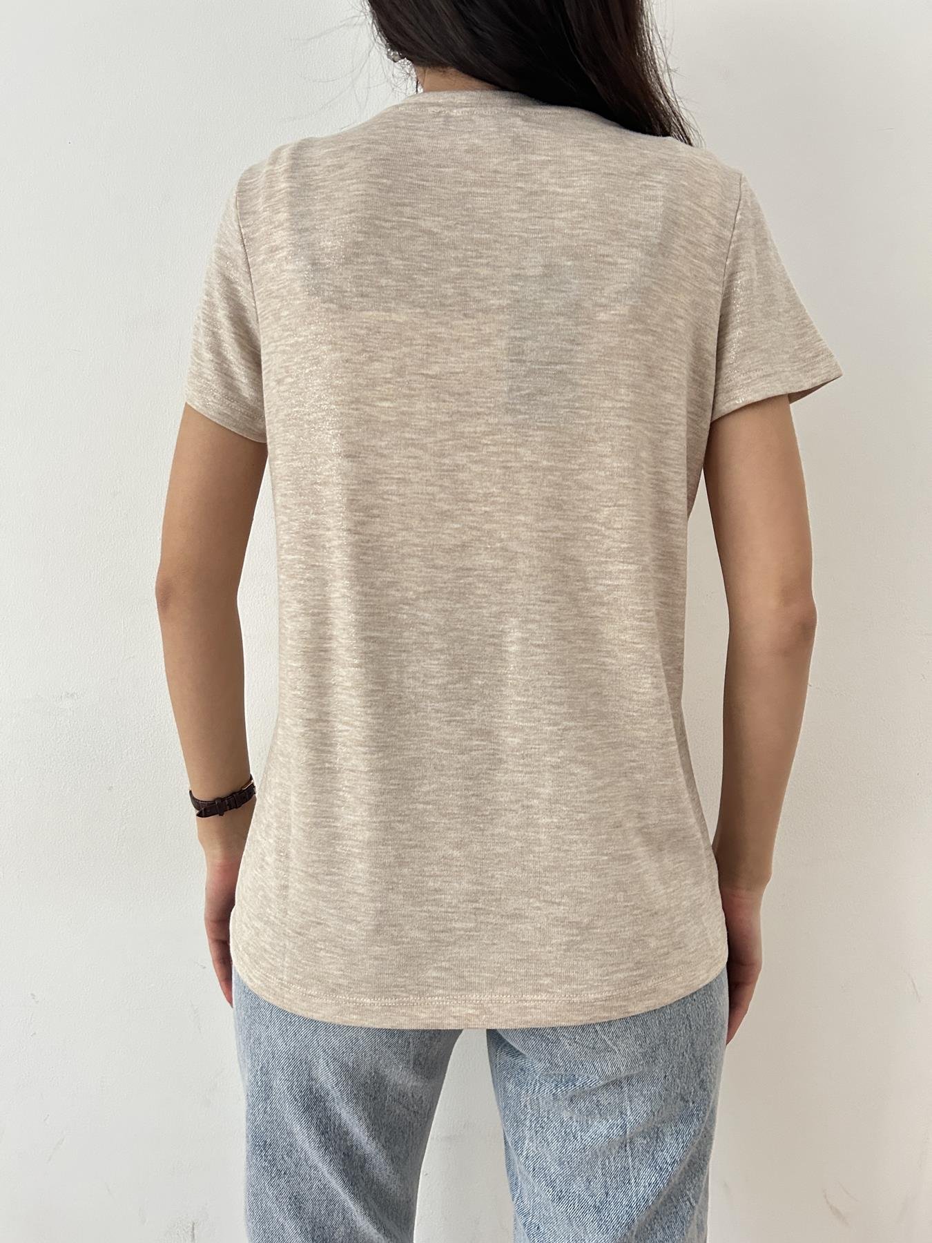 Bisiklet Yaka Simli Tişört BEJ