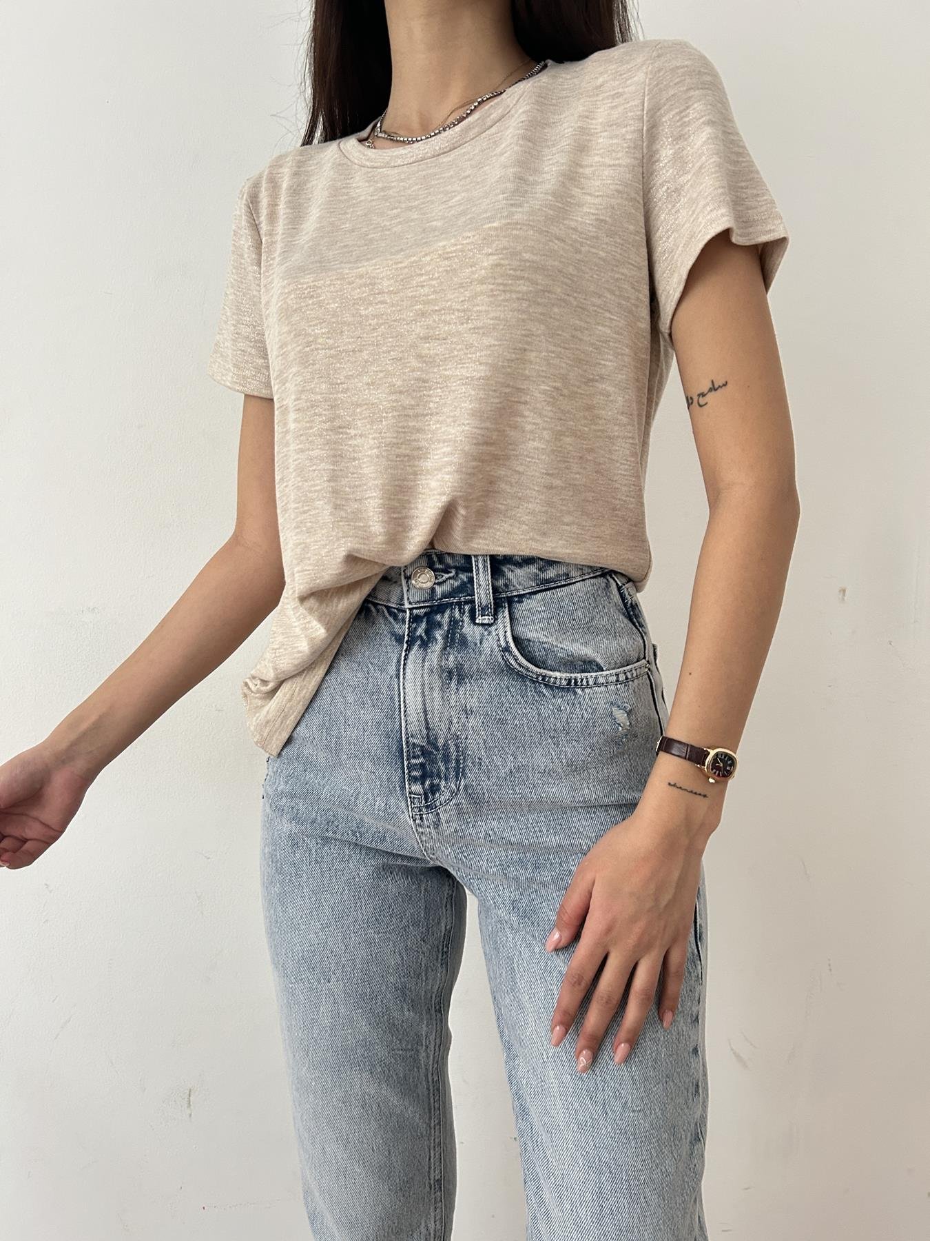 Bisiklet Yaka Simli Tişört BEJ