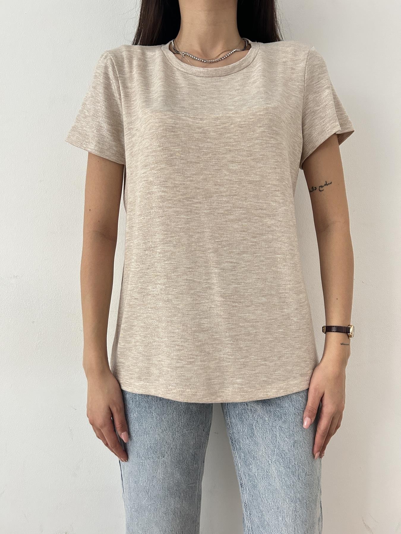 Bisiklet Yaka Simli Tişört BEJ