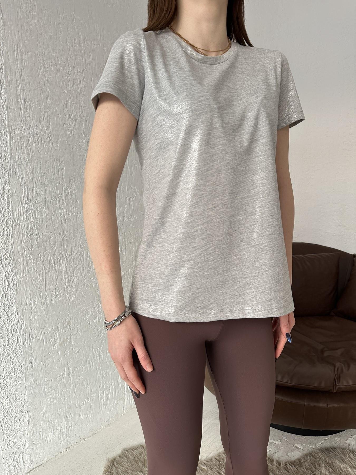 Bisiklet Yaka Simli Tişört GRİ