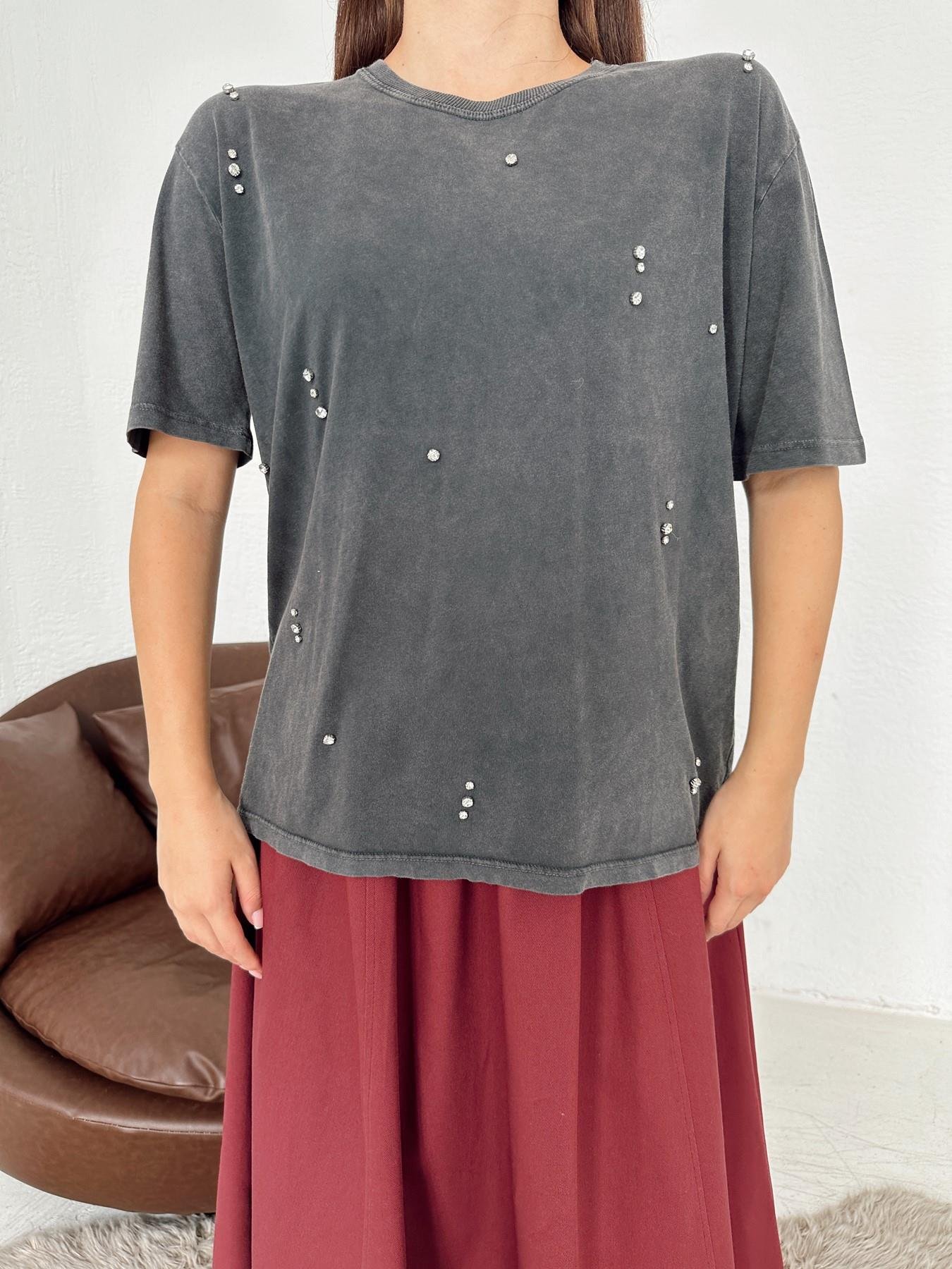 Bisiklet Yaka Taşlı Tişört ANTRASİT