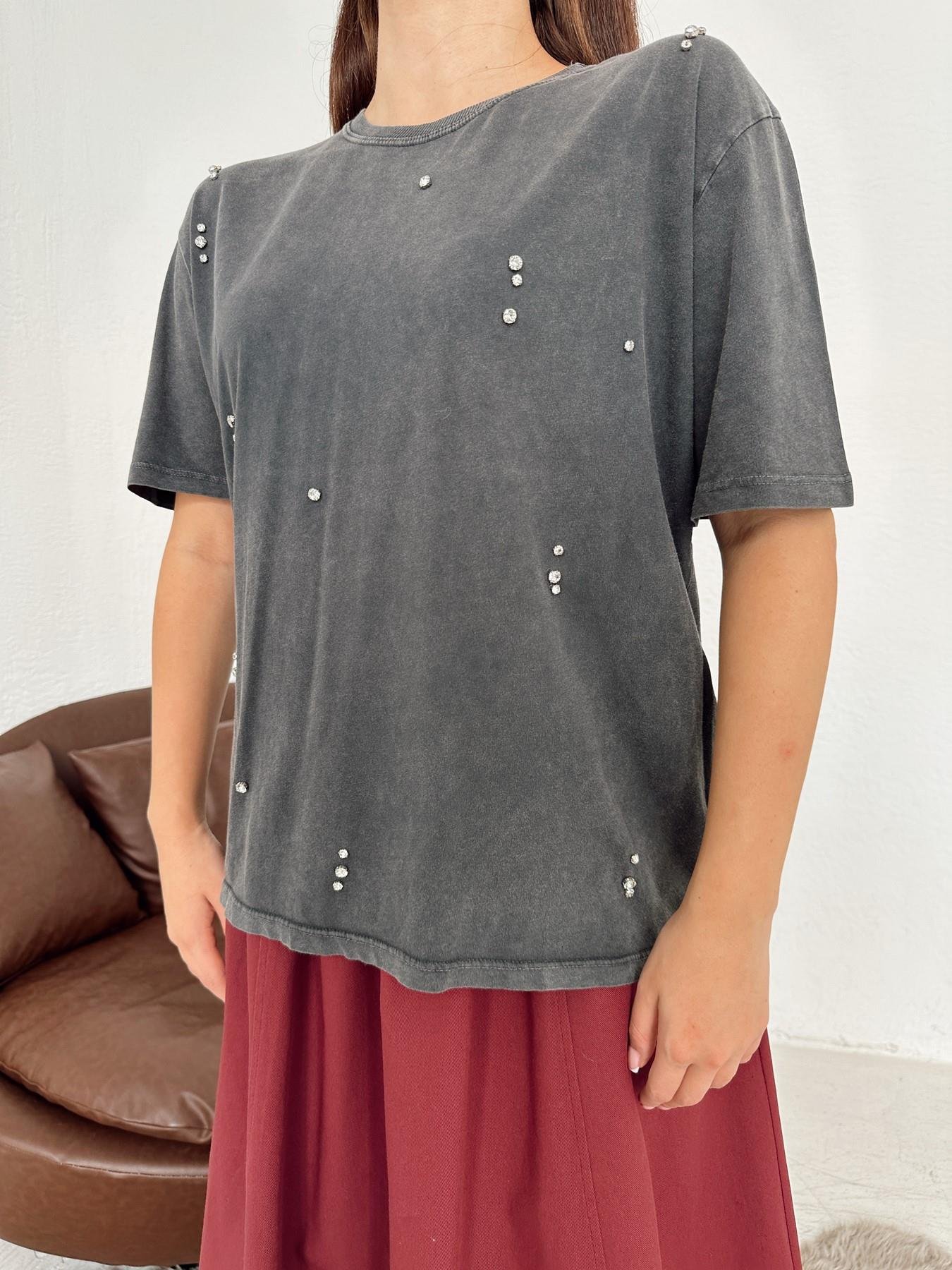 Bisiklet Yaka Taşlı Tişört ANTRASİT