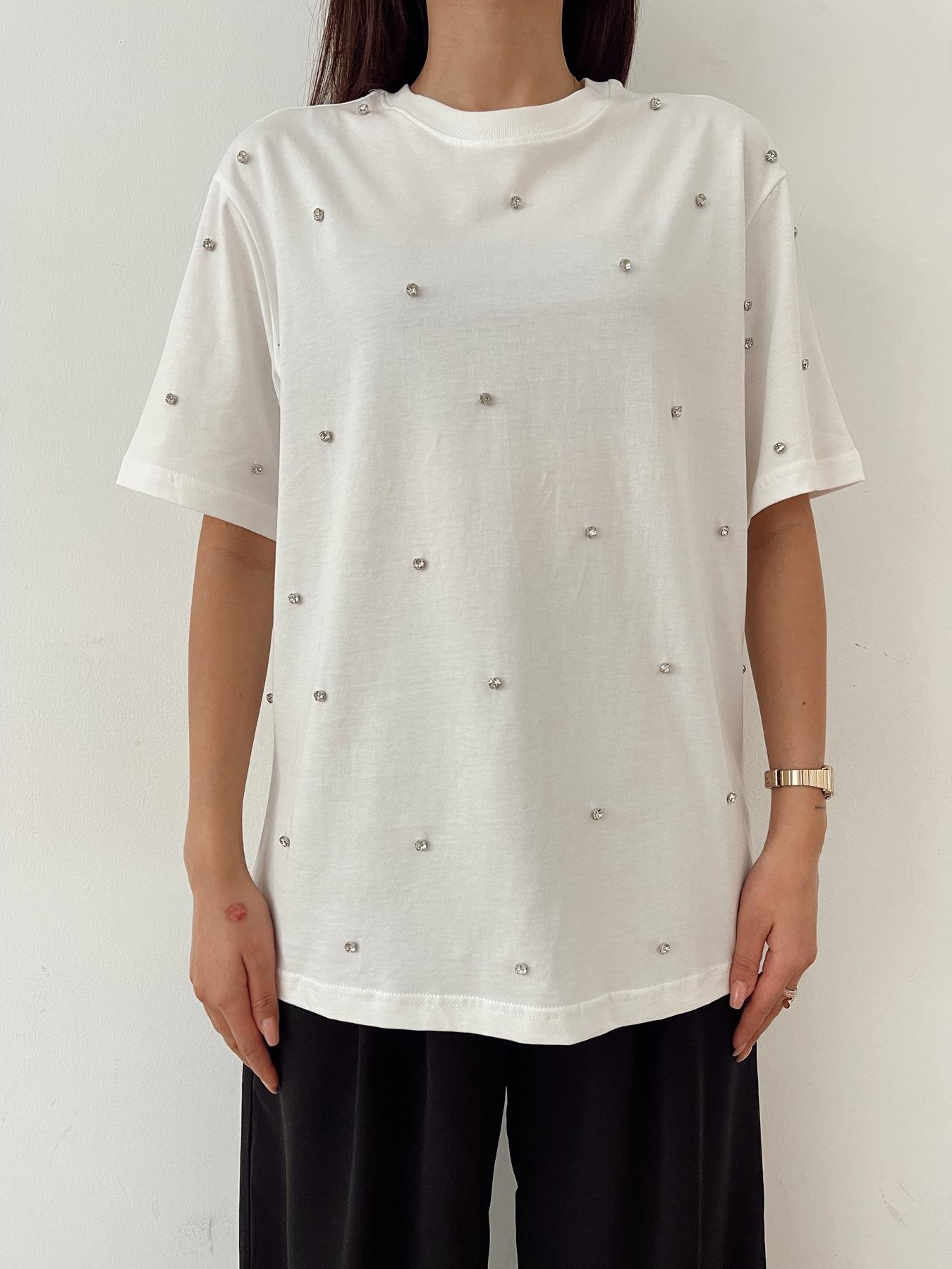 Bisiklet Yaka Taşlı Tişört BEYAZ