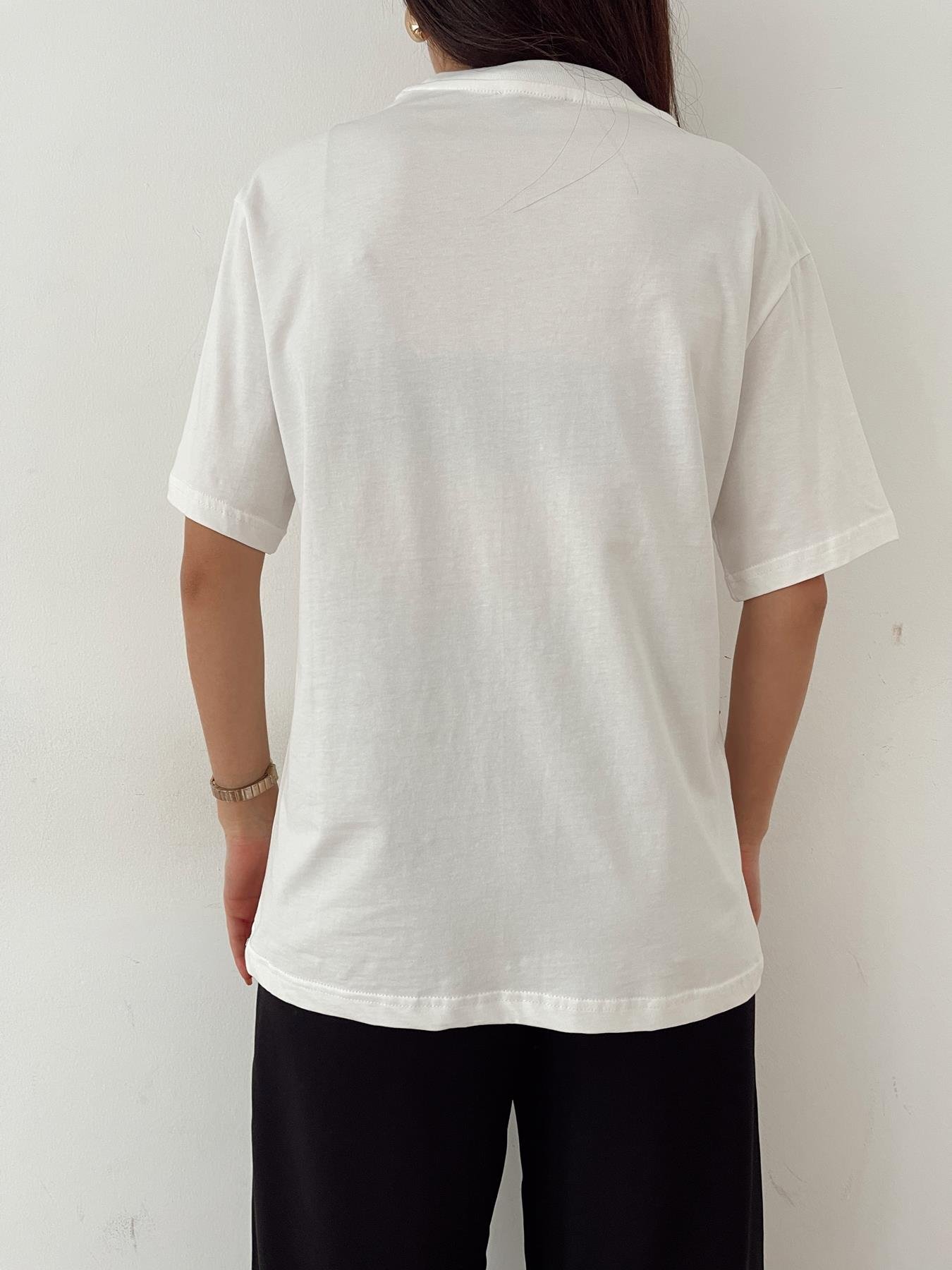 Bisiklet Yaka Taşlı Tişört BEYAZ