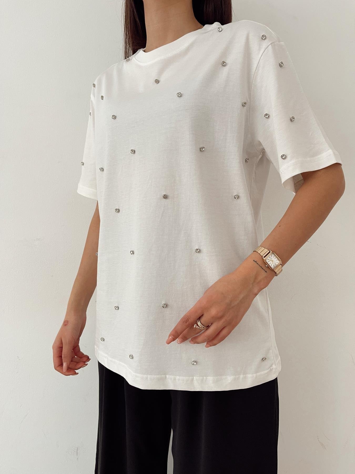 Bisiklet Yaka Taşlı Tişört BEYAZ