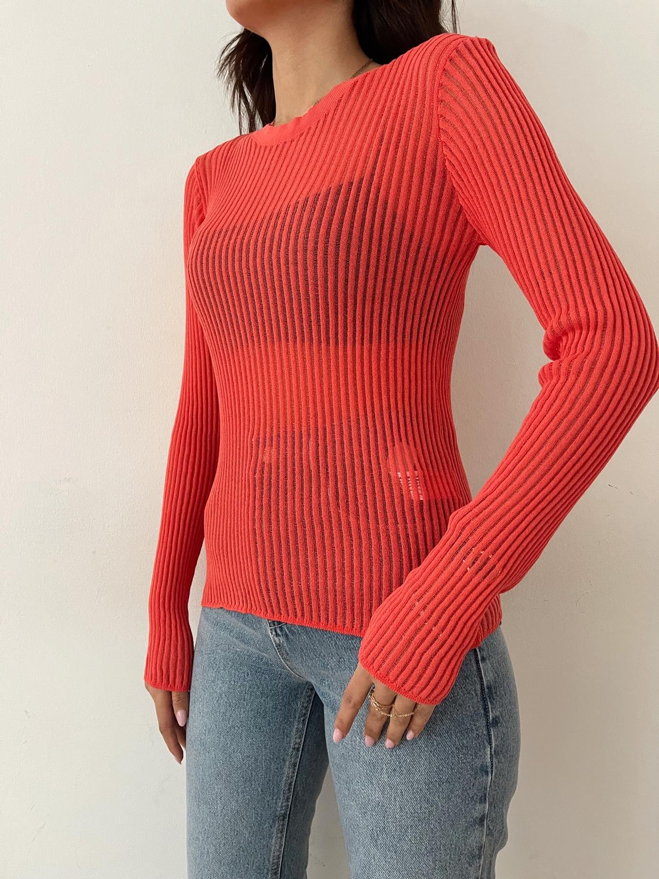 Bisiklet Yaka Transparan Triko KIRMIZI