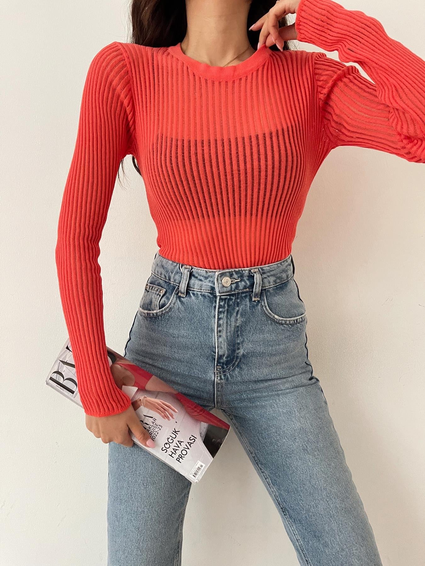 Bisiklet Yaka Transparan Triko KIRMIZI