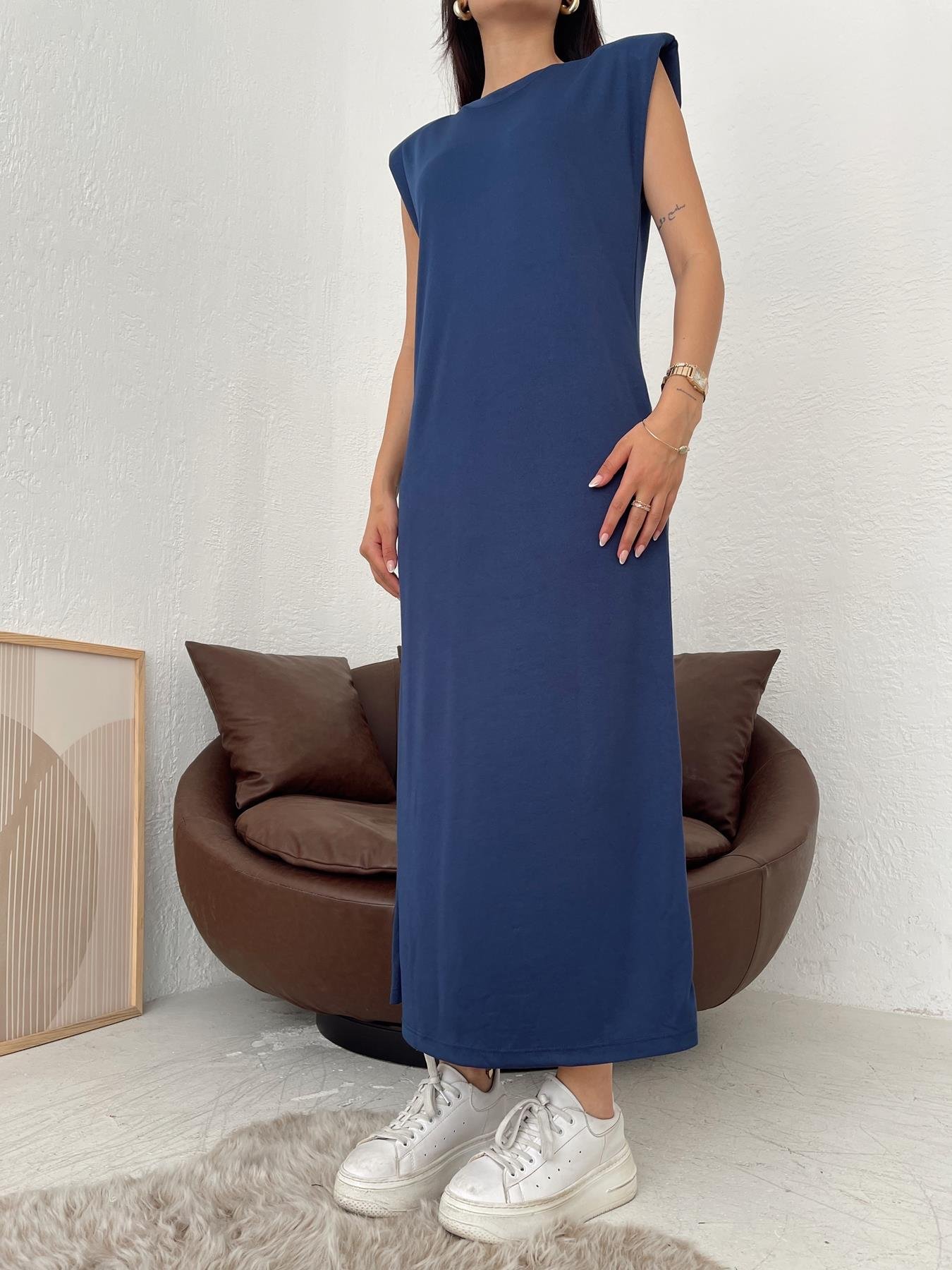 Bisiklet Yaka Vatkalı Elbise LACİVERT