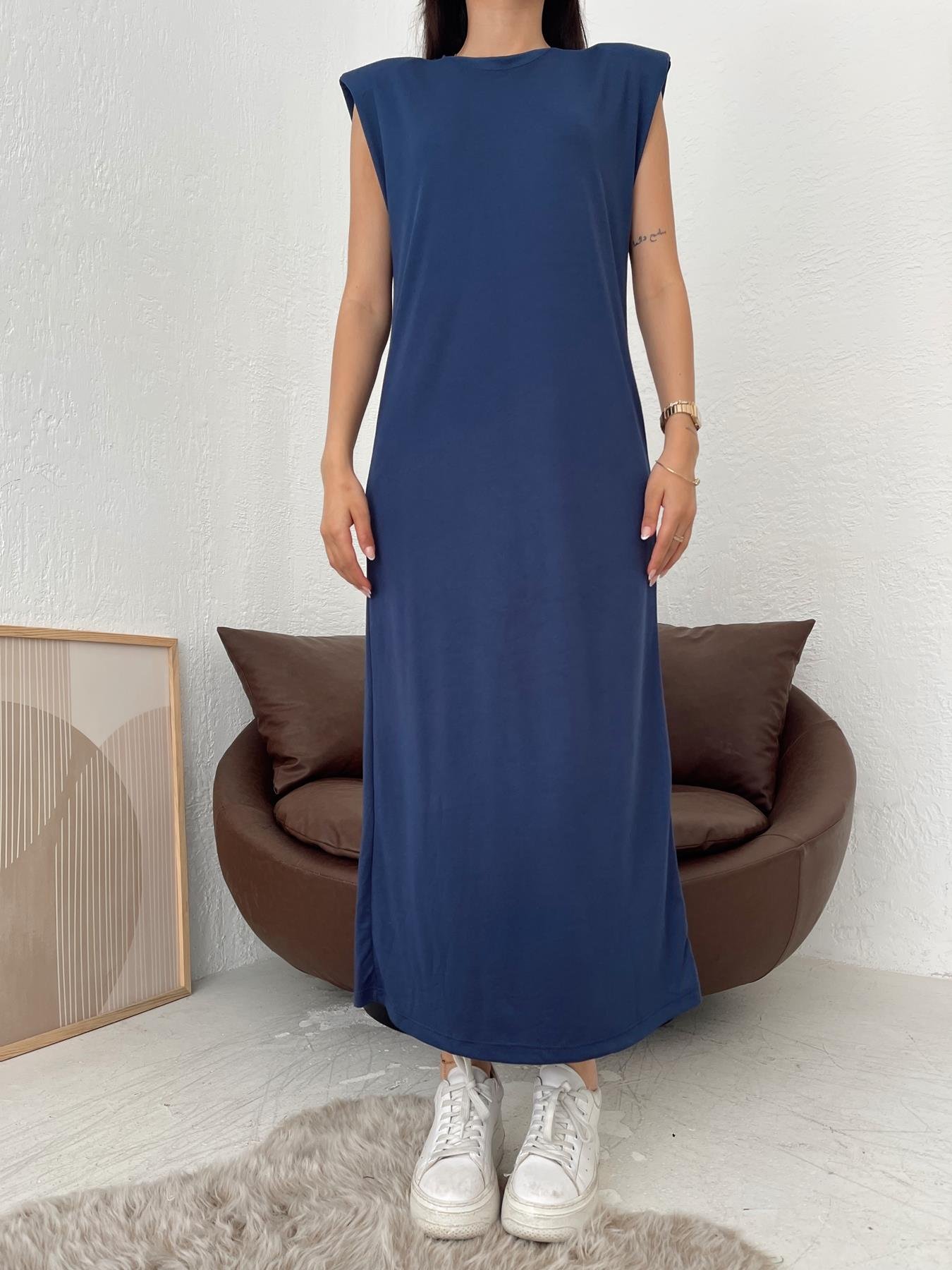Bisiklet Yaka Vatkalı Elbise LACİVERT