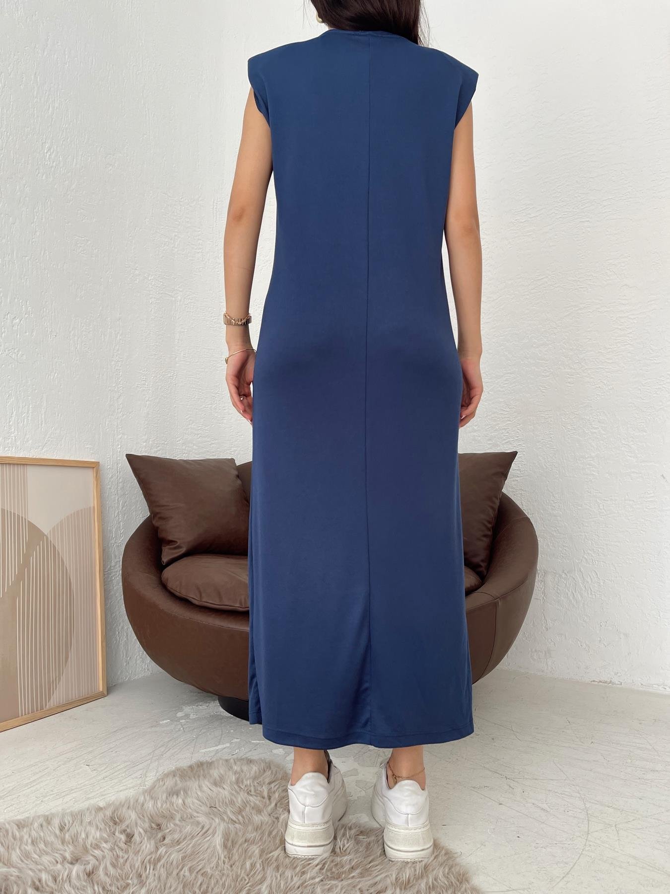 Bisiklet Yaka Vatkalı Elbise LACİVERT