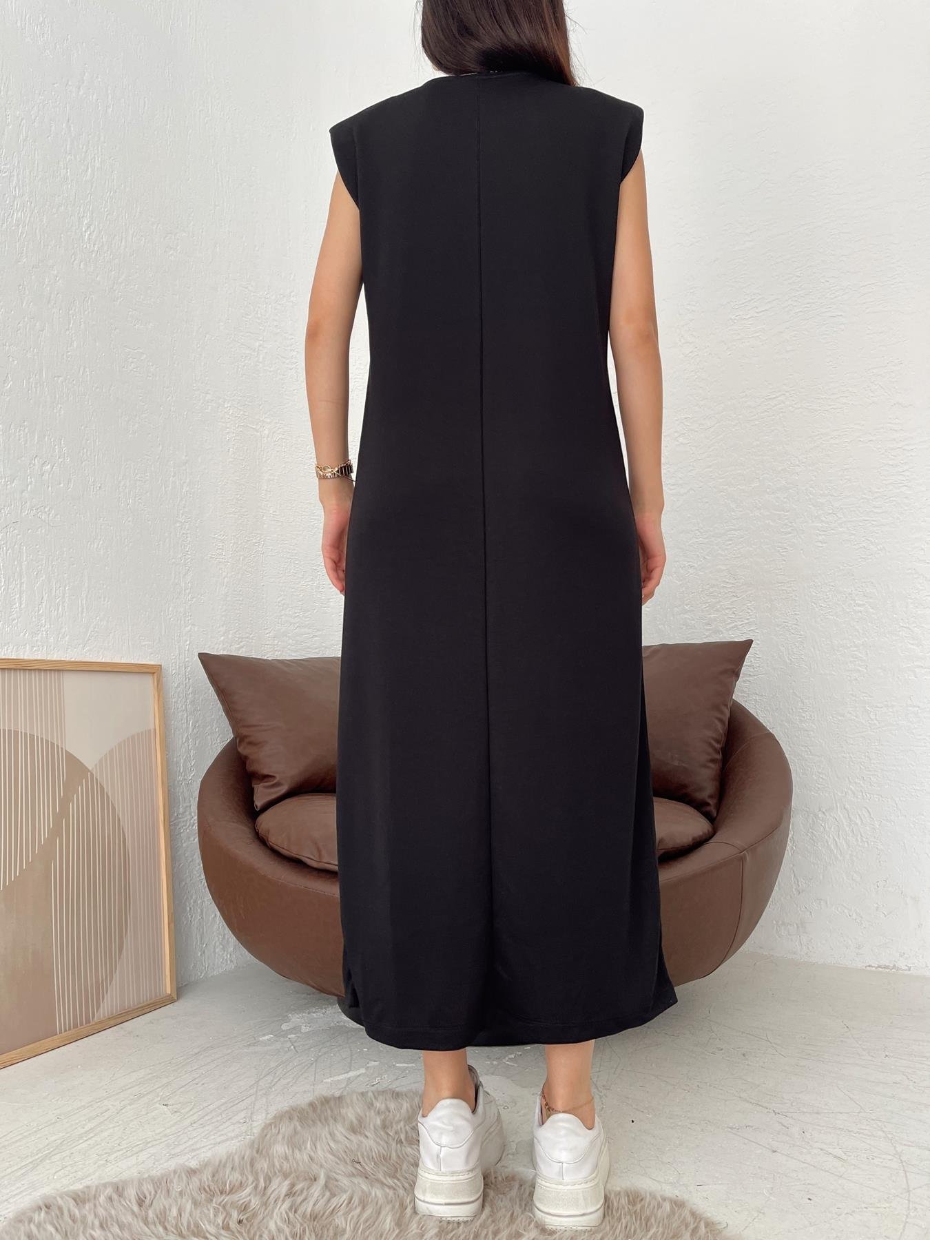 Bisiklet Yaka Vatkalı Elbise SİYAH