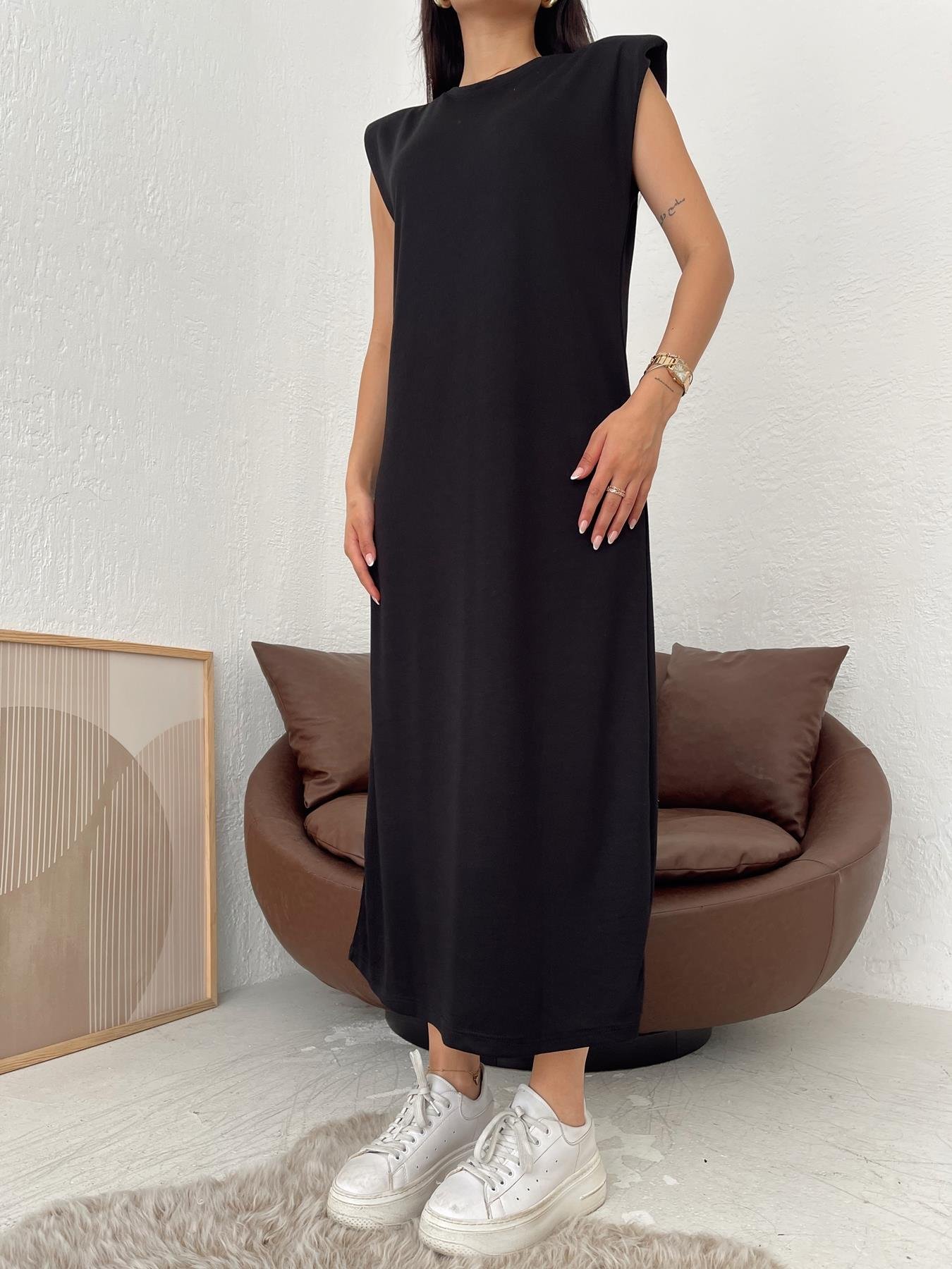 Bisiklet Yaka Vatkalı Elbise SİYAH