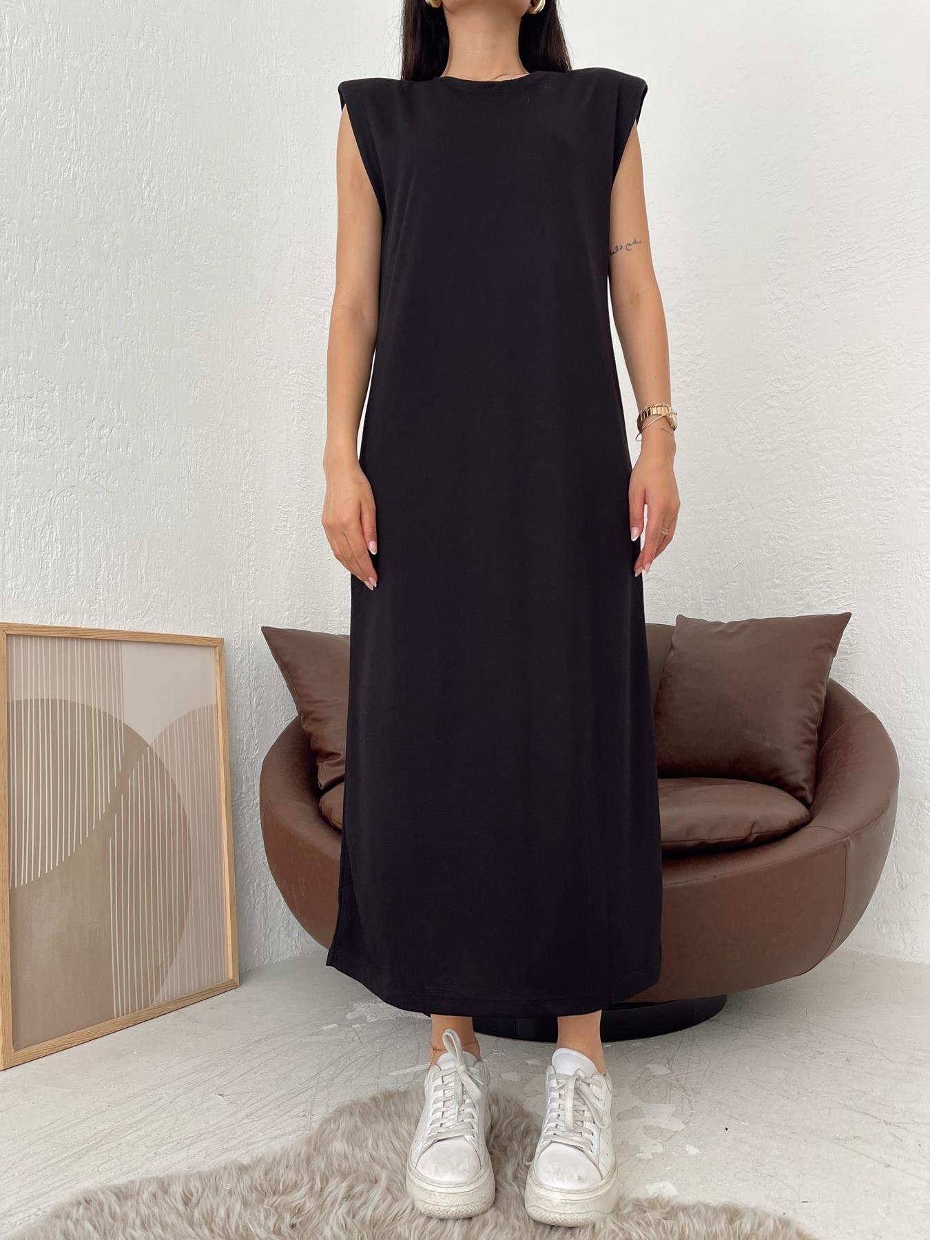 Bisiklet Yaka Vatkalı Elbise SİYAH