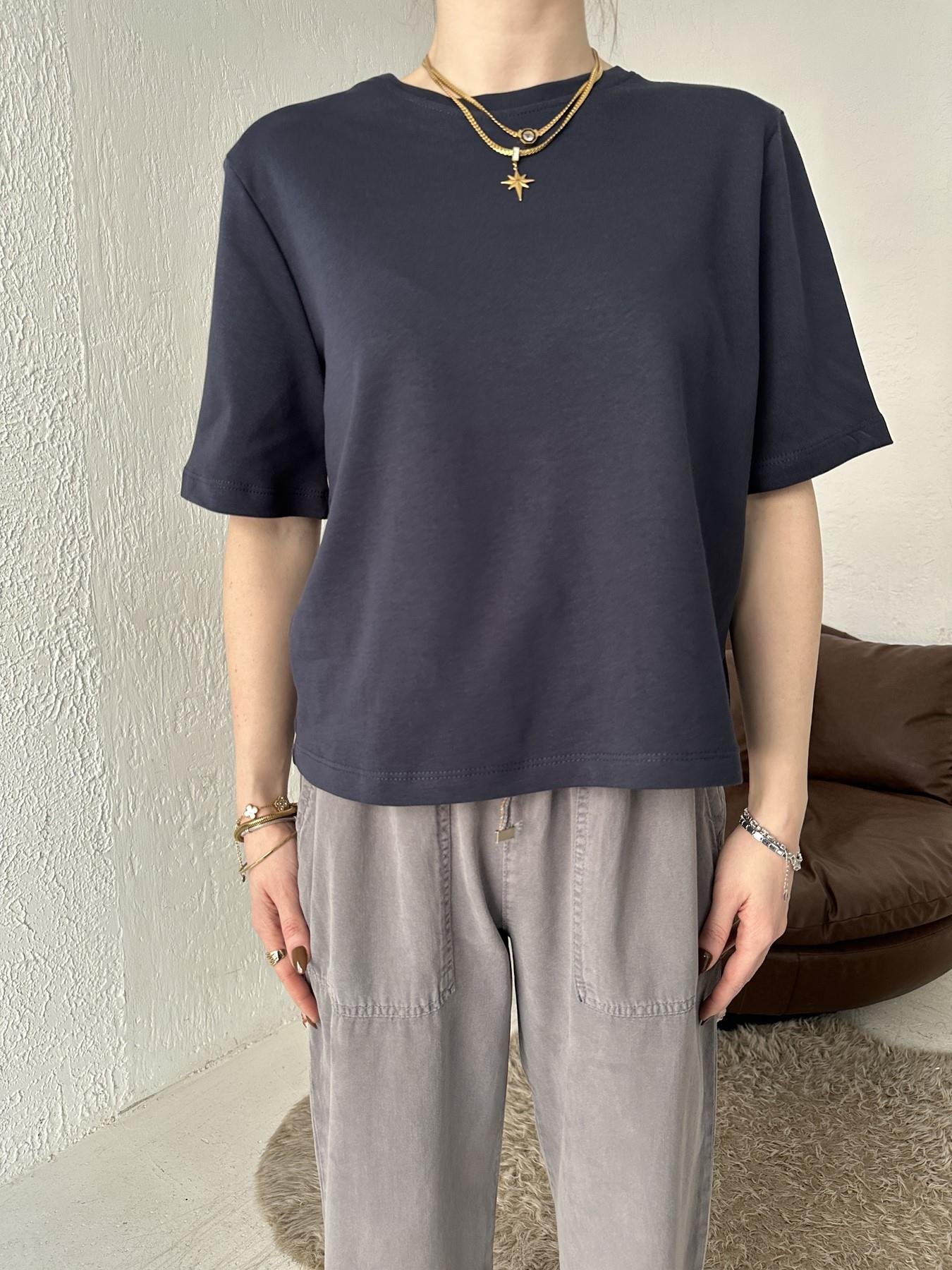 Bisiklet Yaka Vatkalı Tişört LACİVERT