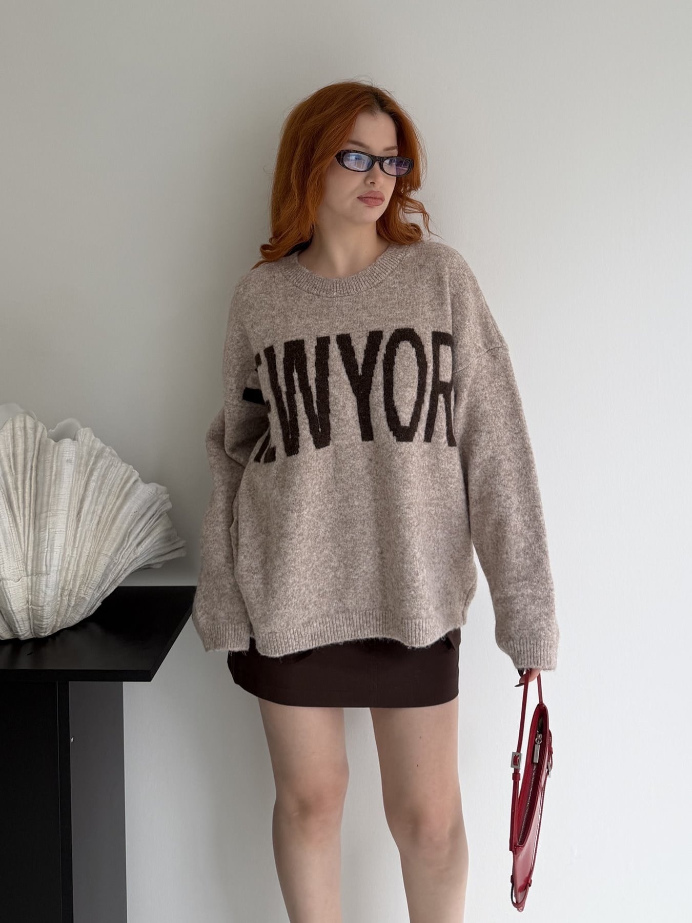 Bisiklet Yaka Yazılı Oversize Triko Vizon