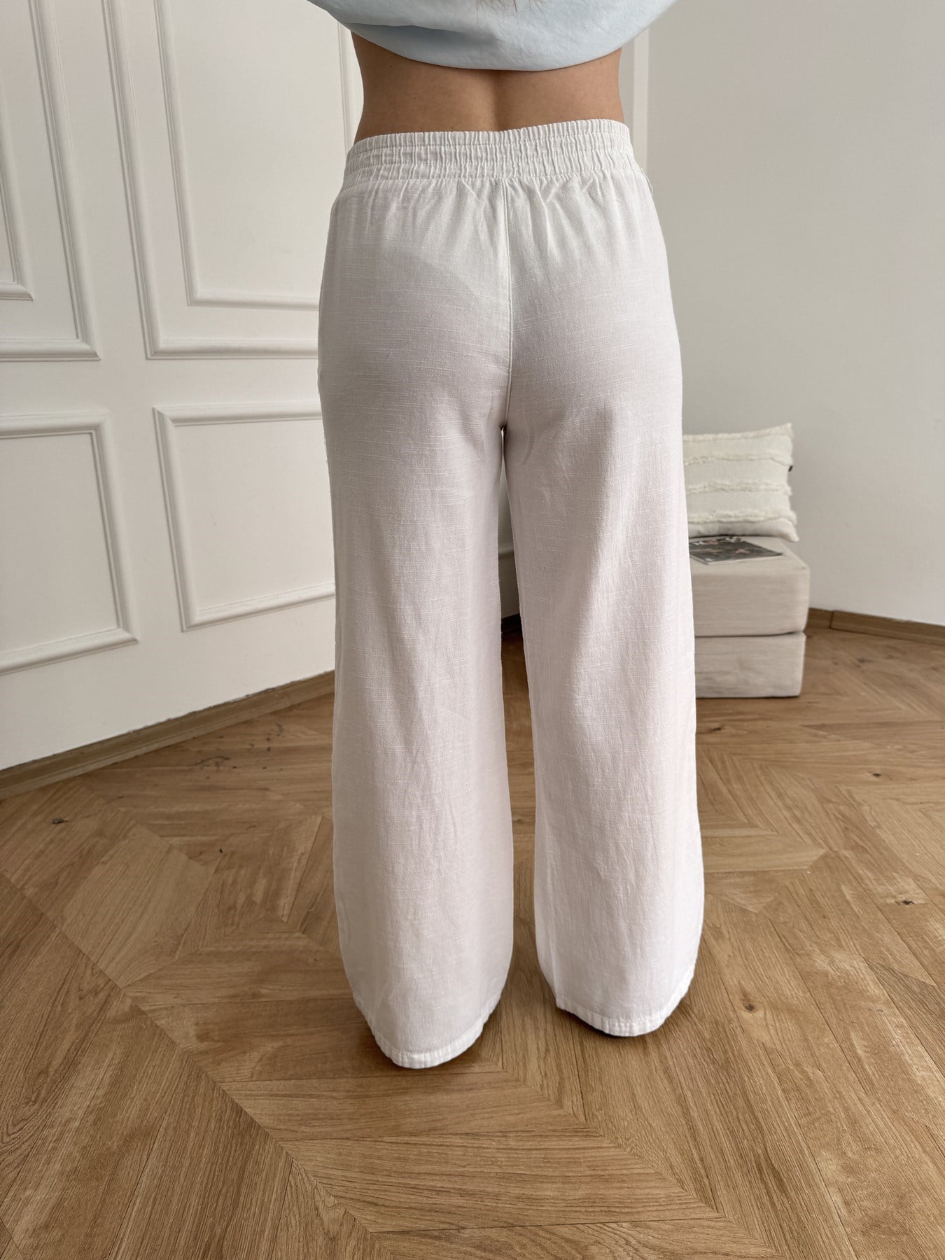 Bol Paça Keten Görünümlü Pantolon Beyaz