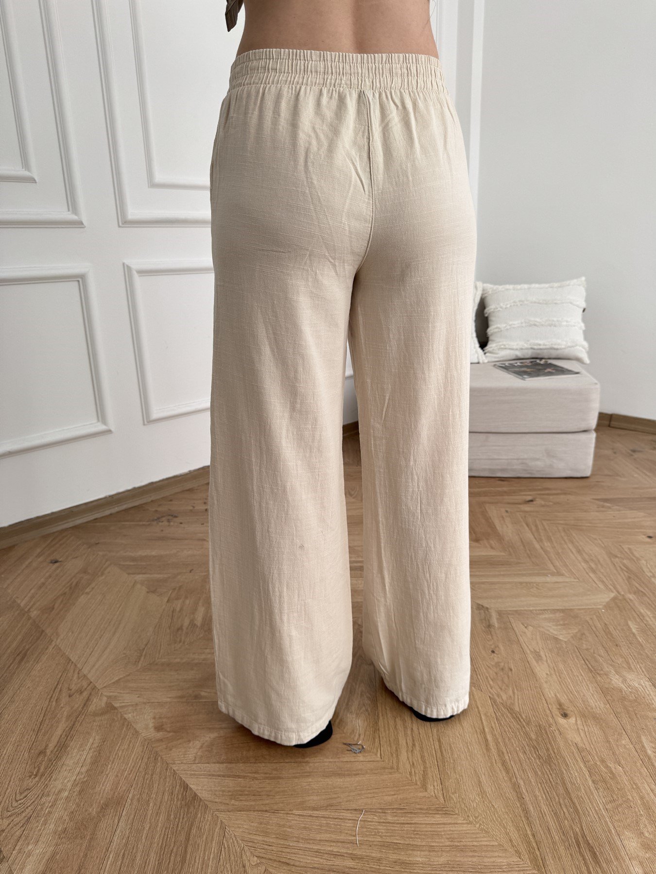 Bol Paça Keten Görünümlü Pantolon Taş