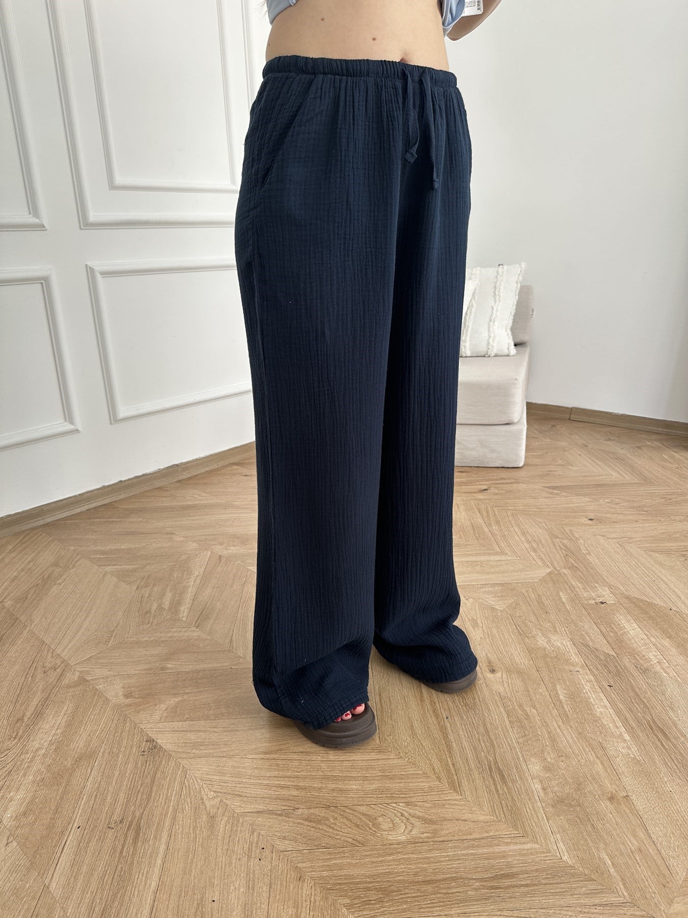 Bol Paça Müslin Kumaş Relax Pantolon Lacivert