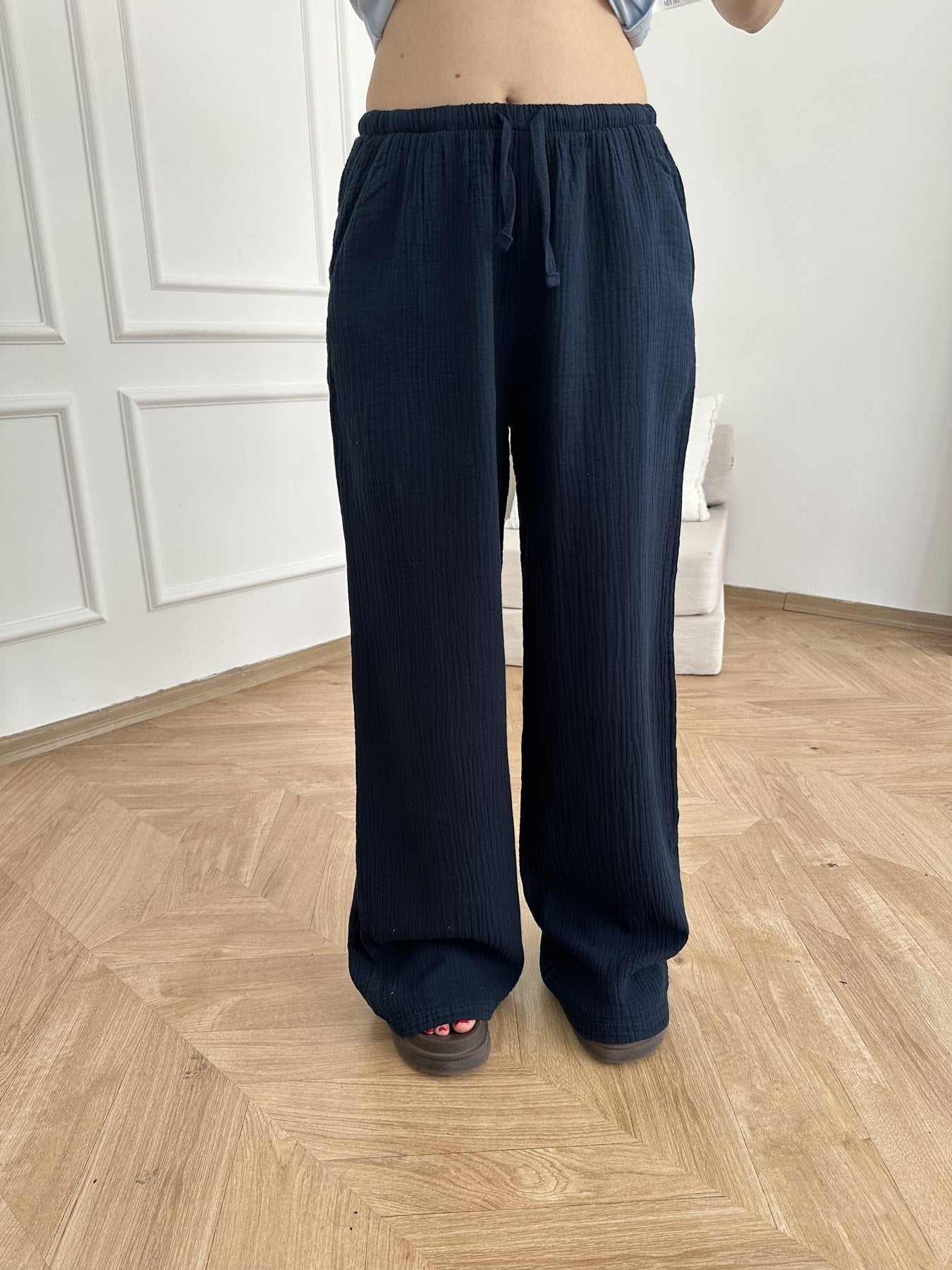 Bol Paça Müslin Kumaş Relax Pantolon Lacivert
