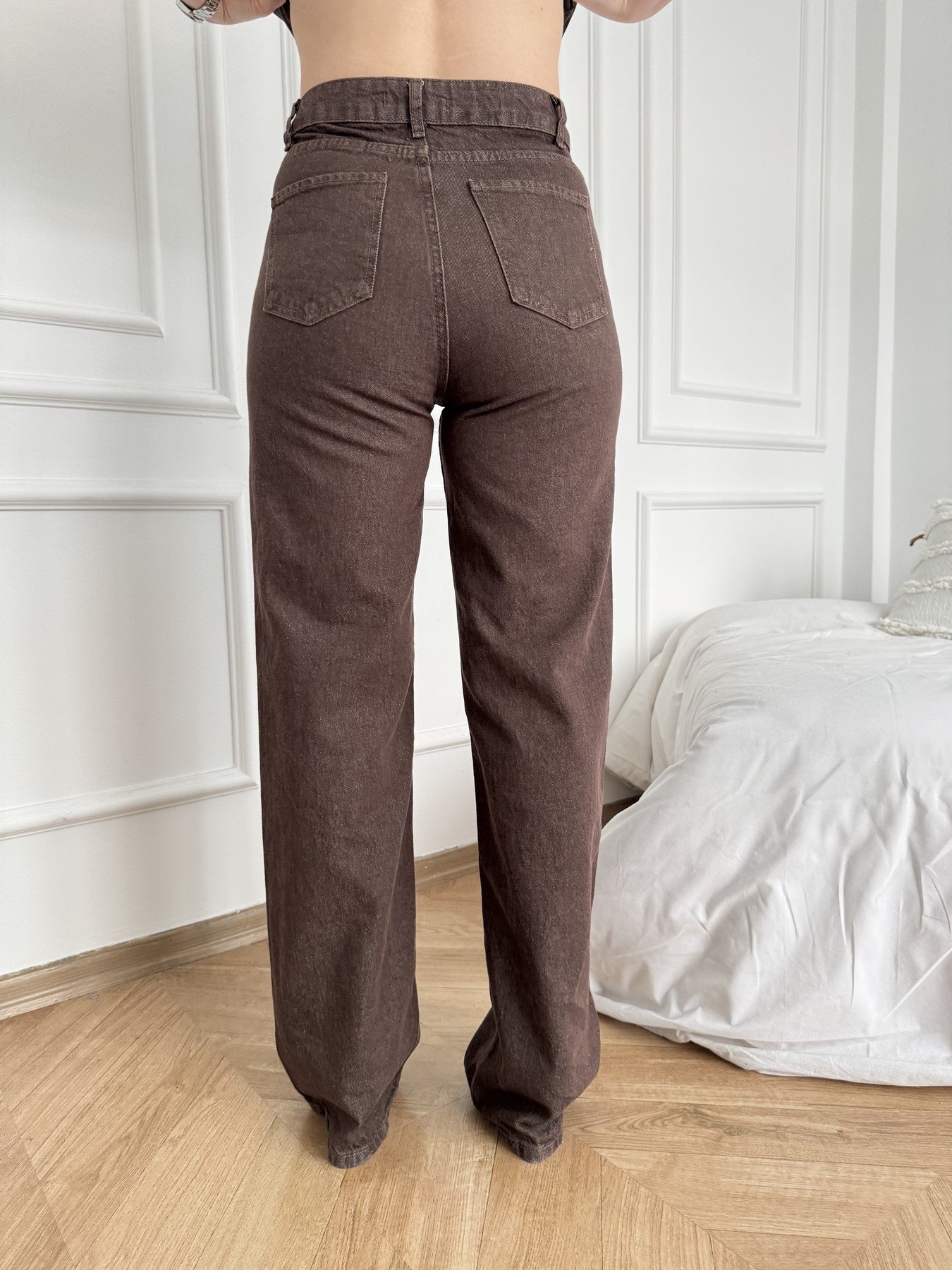 Bol Paça Renkli Denim Pantolon Kahve