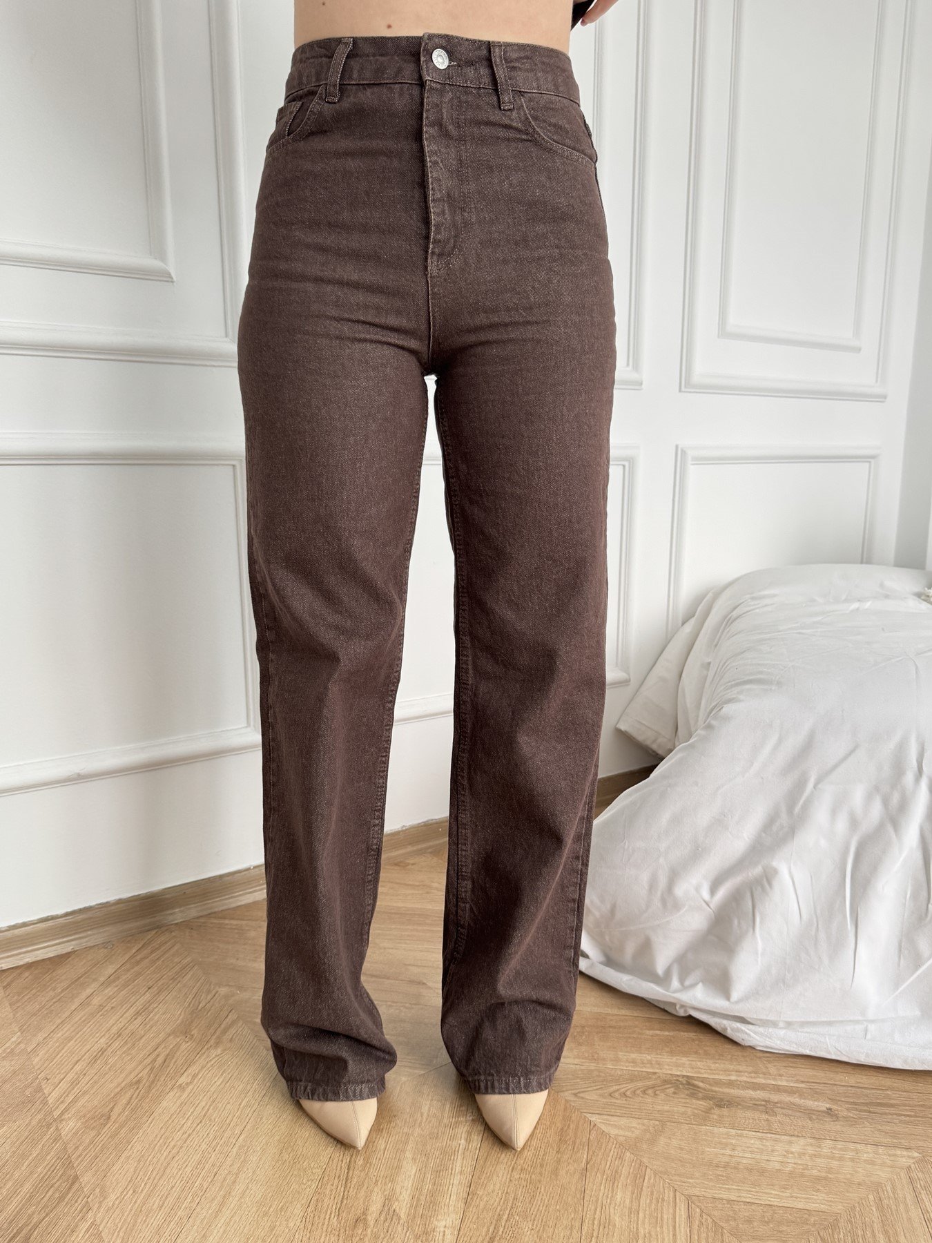 Bol Paça Renkli Denim Pantolon Kahve