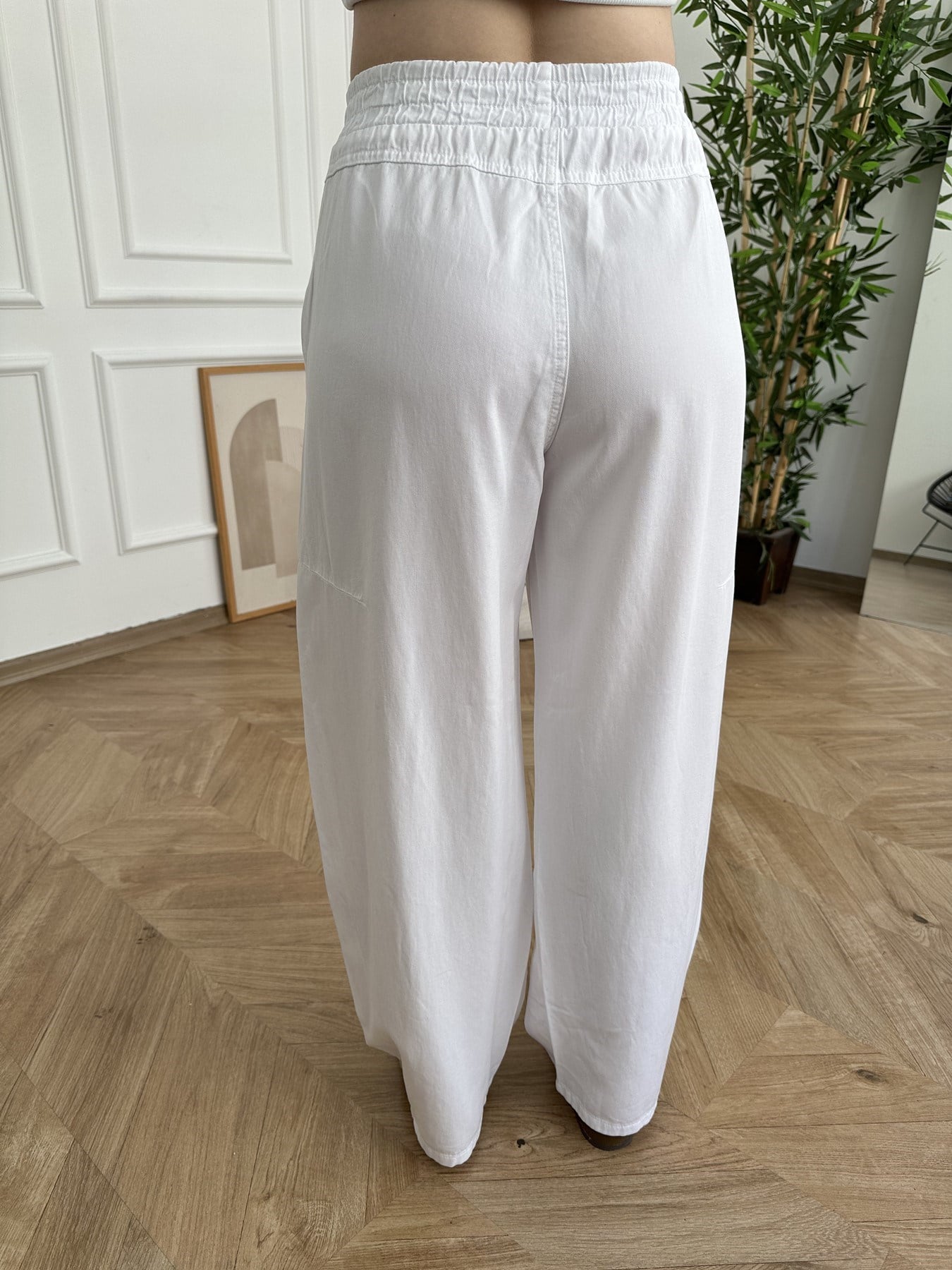 Bol Paça Tensel Beli Lastikli Pantolon Beyaz