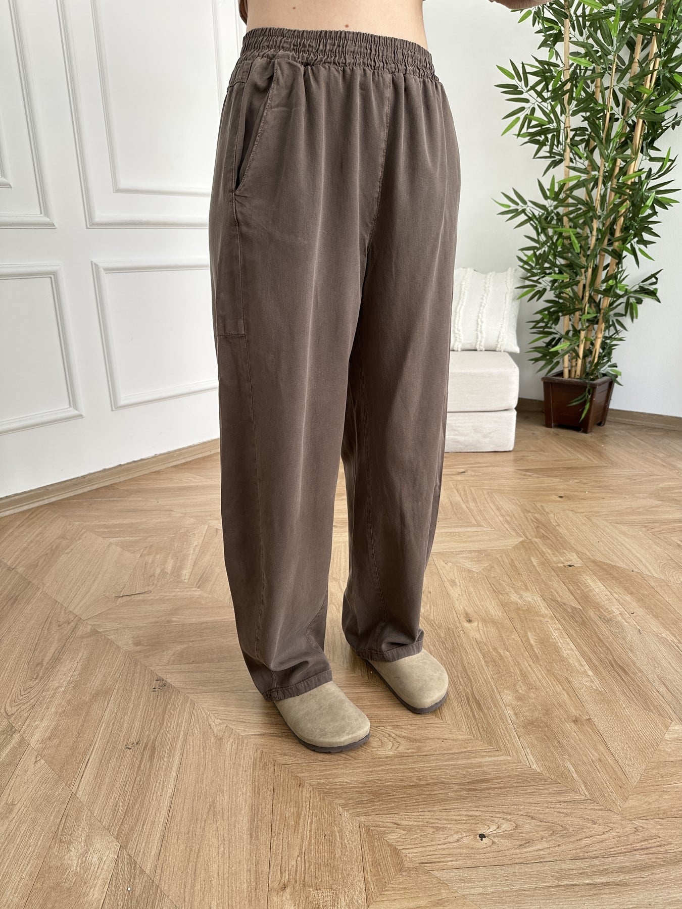 Bol Paça Tensel Beli Lastikli Pantolon Vizon
