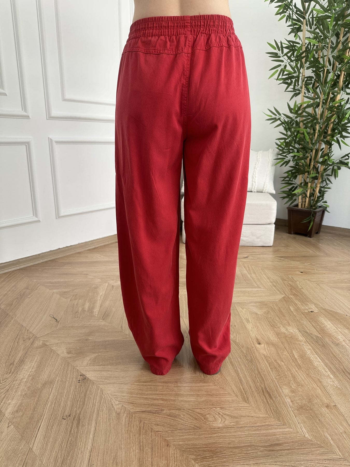 Bol Paça Tensel Beli Lastikli Pantolon Kırmızı