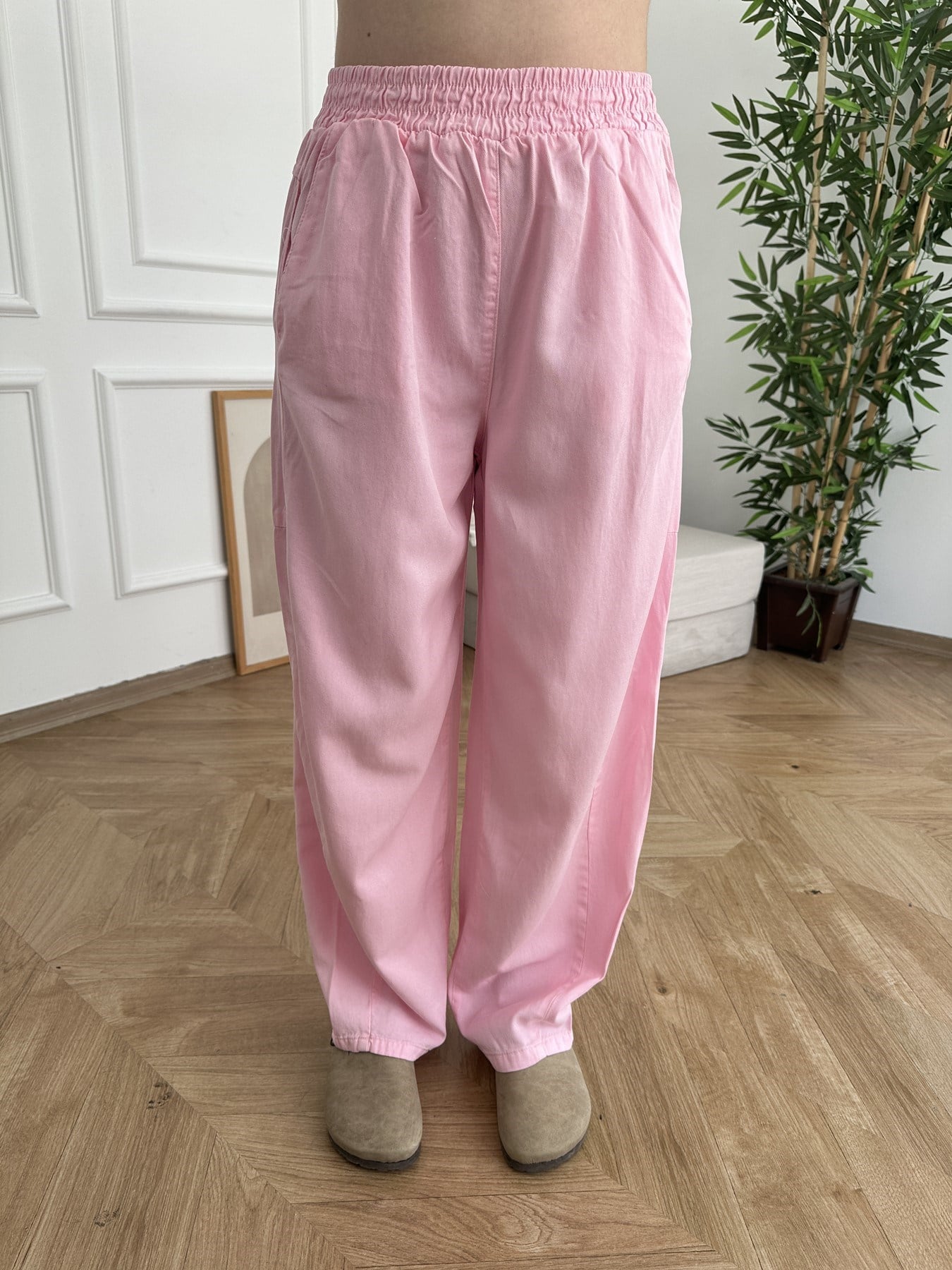 Bol Paça Tensel Beli Lastikli Pantolon Pembe