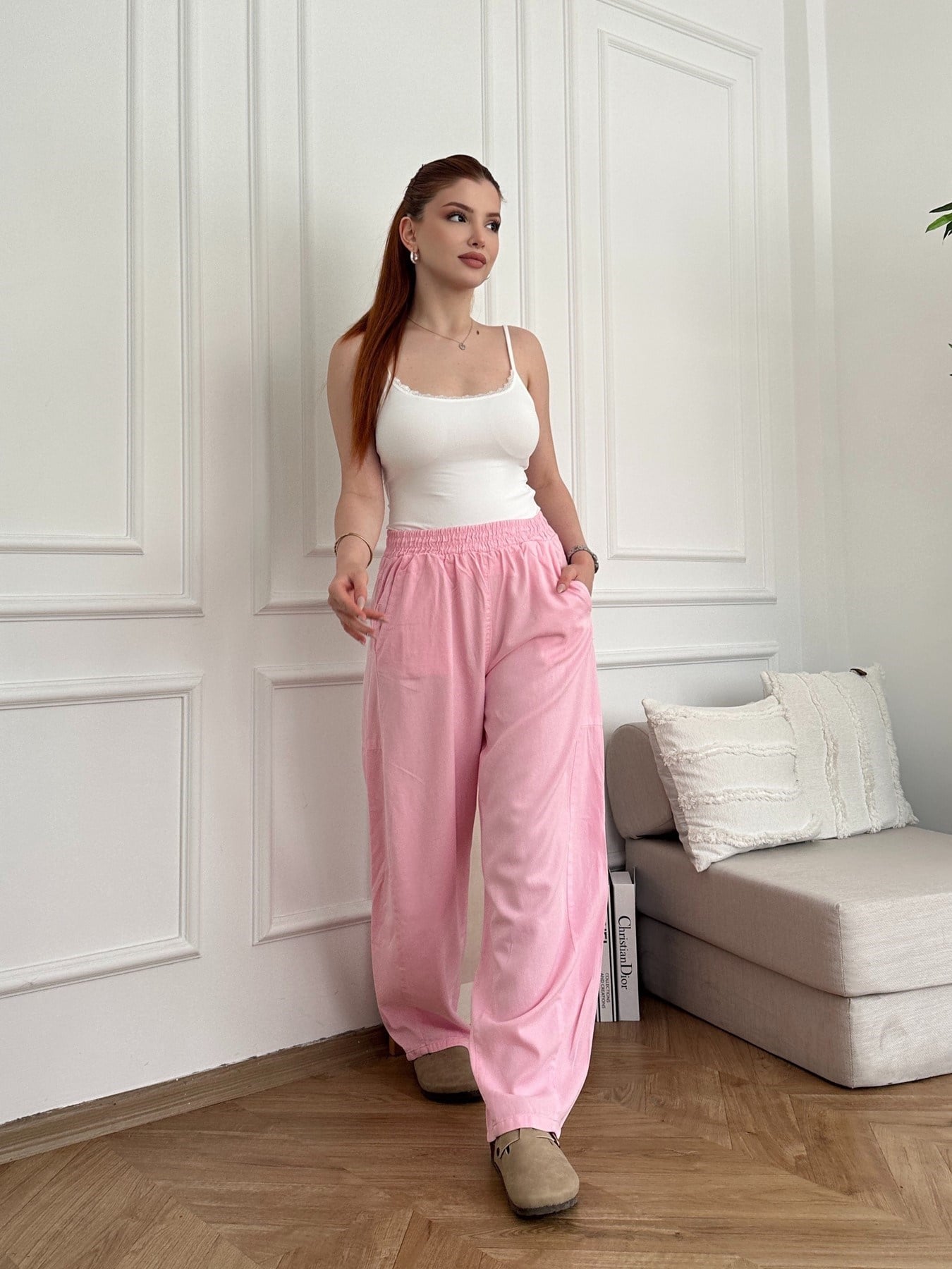 Bol Paça Tensel Beli Lastikli Pantolon Pembe