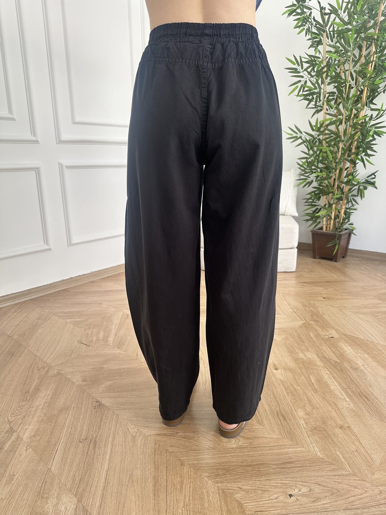 Bol Paça Tensel Beli Lastikli Pantolon Siyah