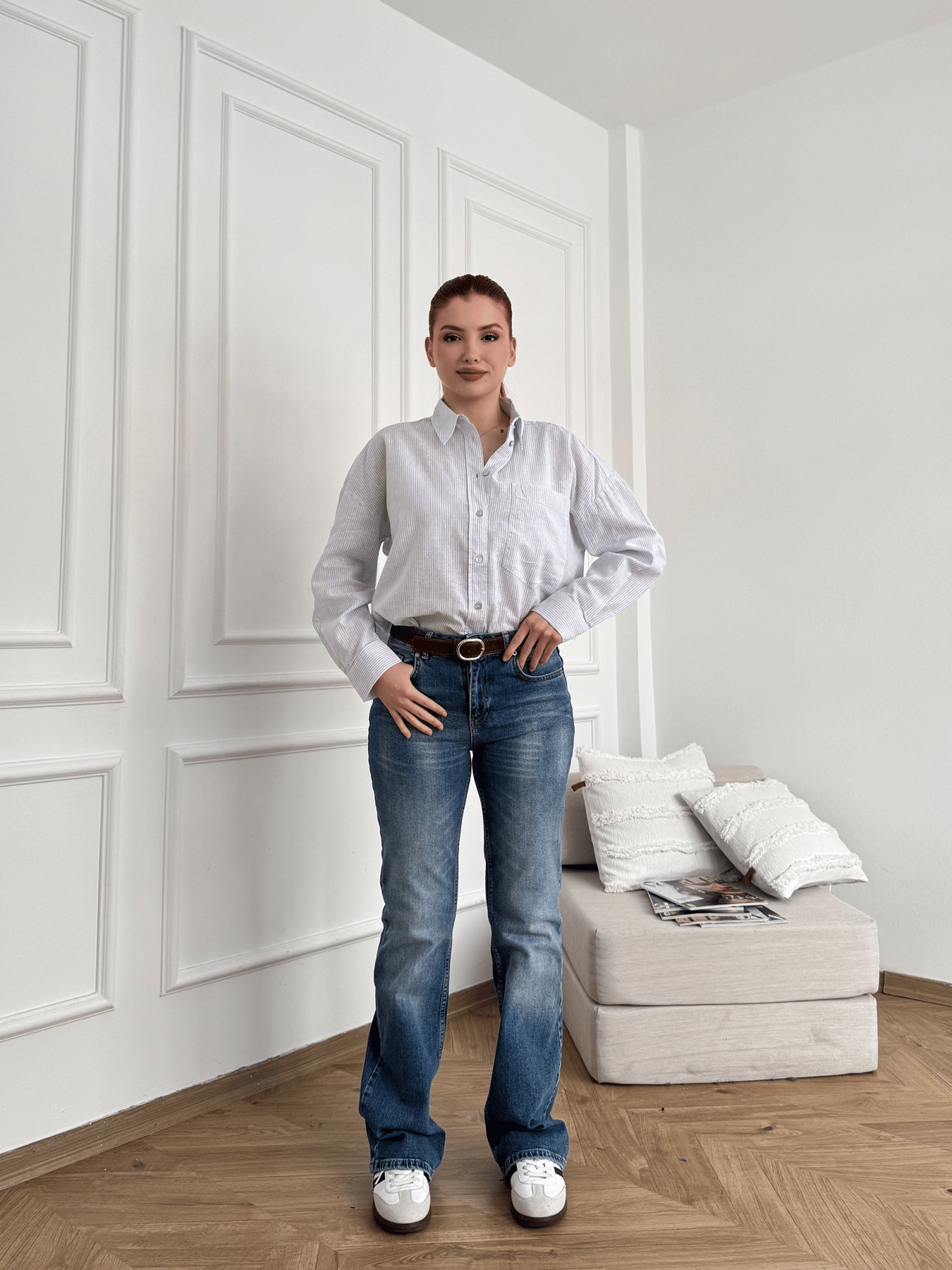 Boru Paça Kemerli Jean Pantolon Mavi