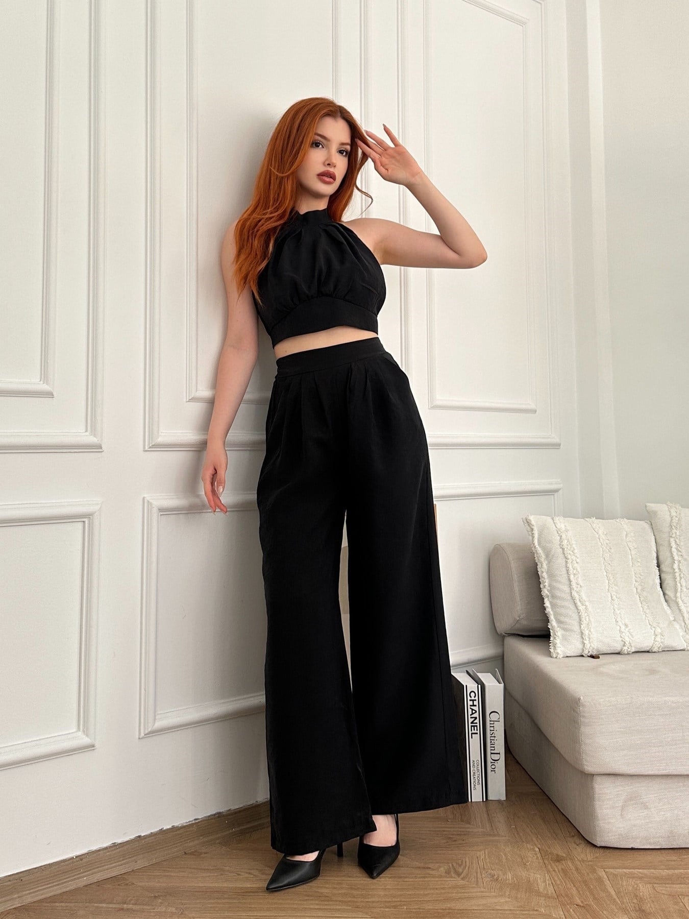 Boyundan Bağlamalı Crop - Pantolon Takım Siyah