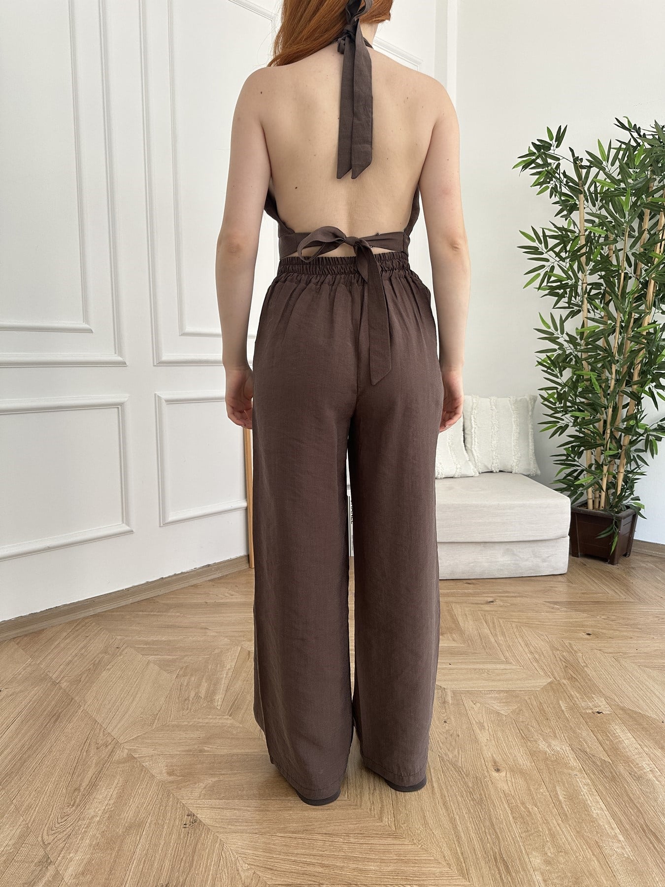 Boyundan Bağlamalı Crop - Pantolon Takım Kahve