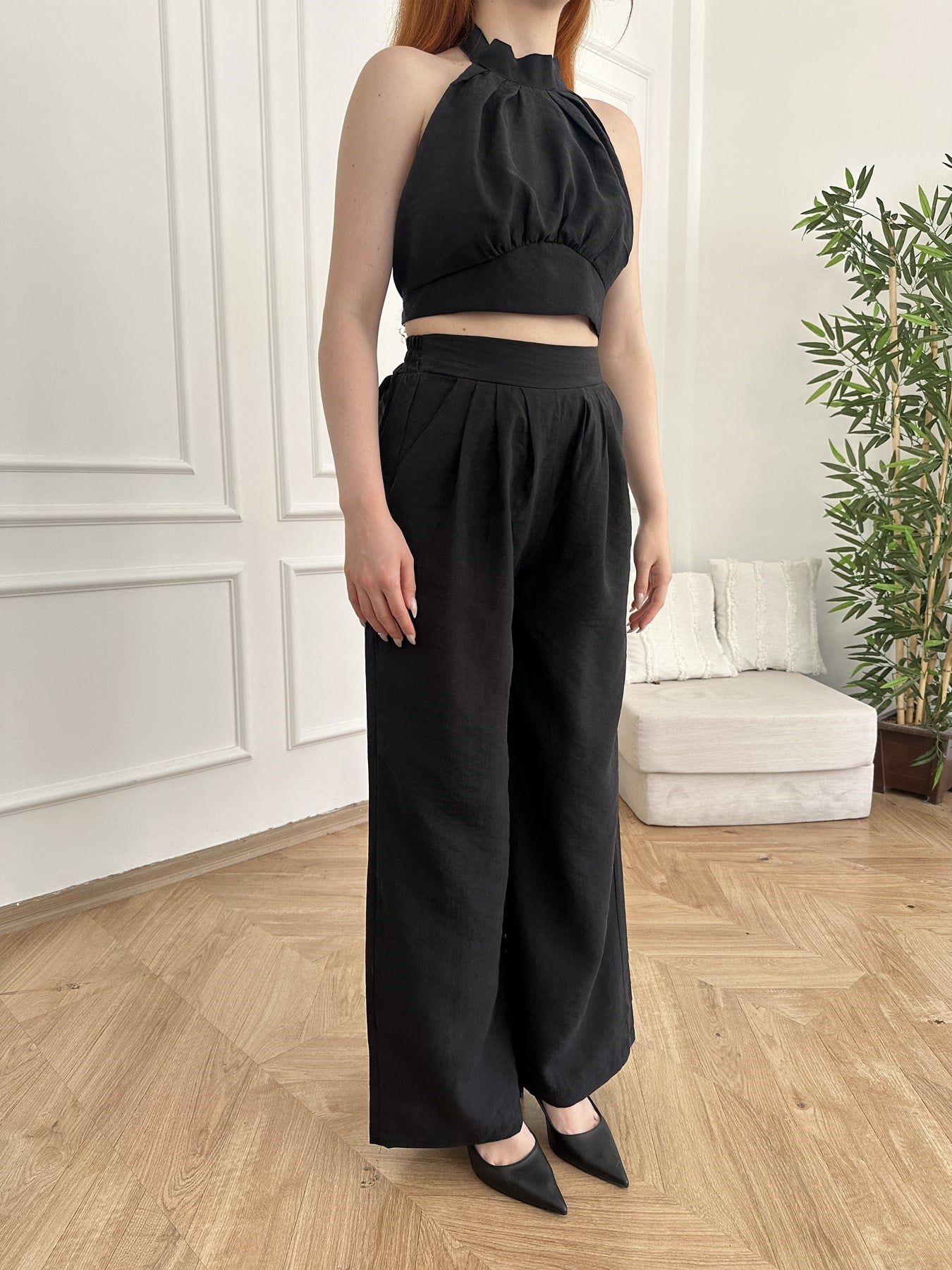 Boyundan Bağlamalı Crop - Pantolon Takım Siyah