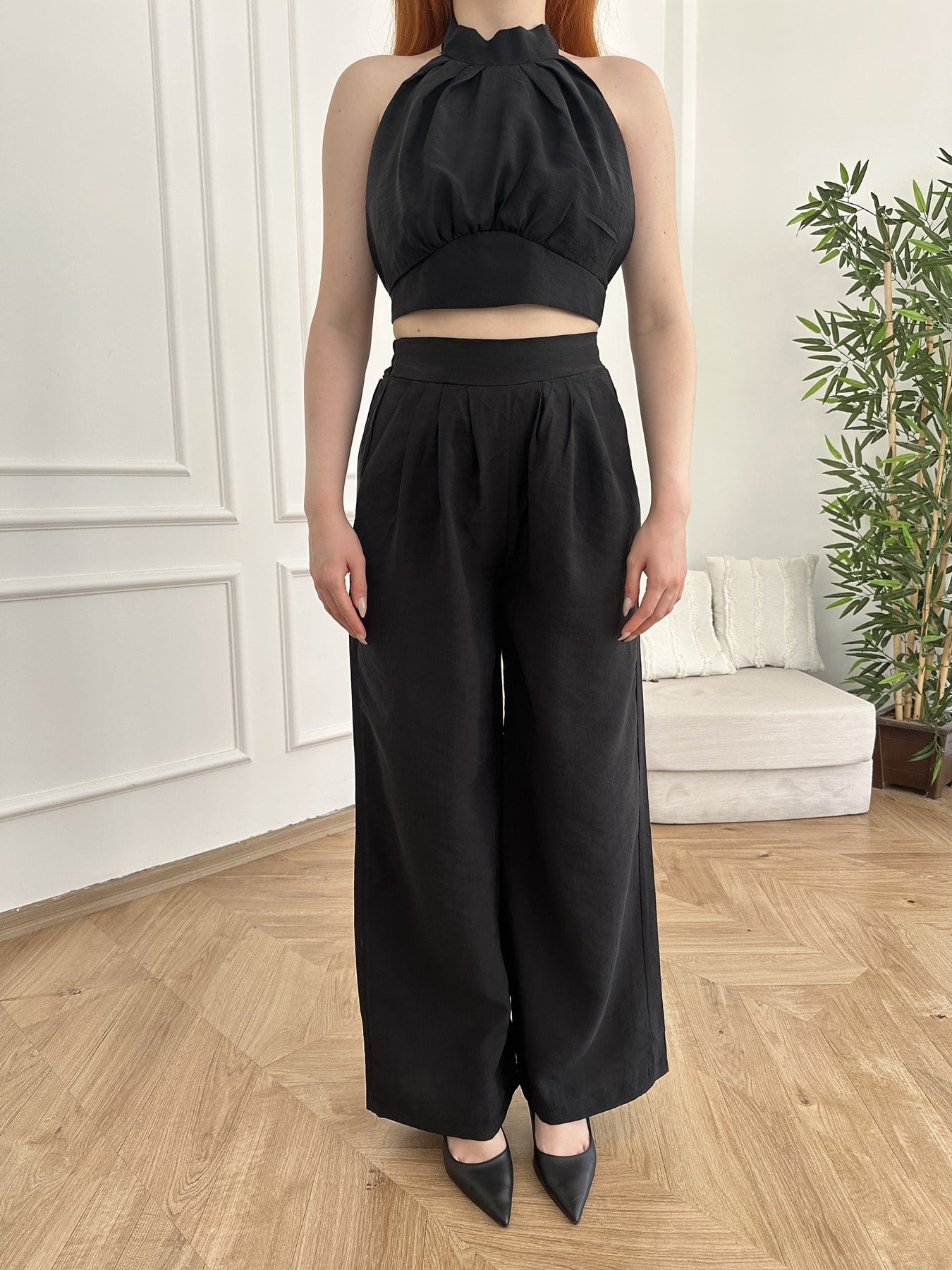 Boyundan Bağlamalı Crop - Pantolon Takım Siyah