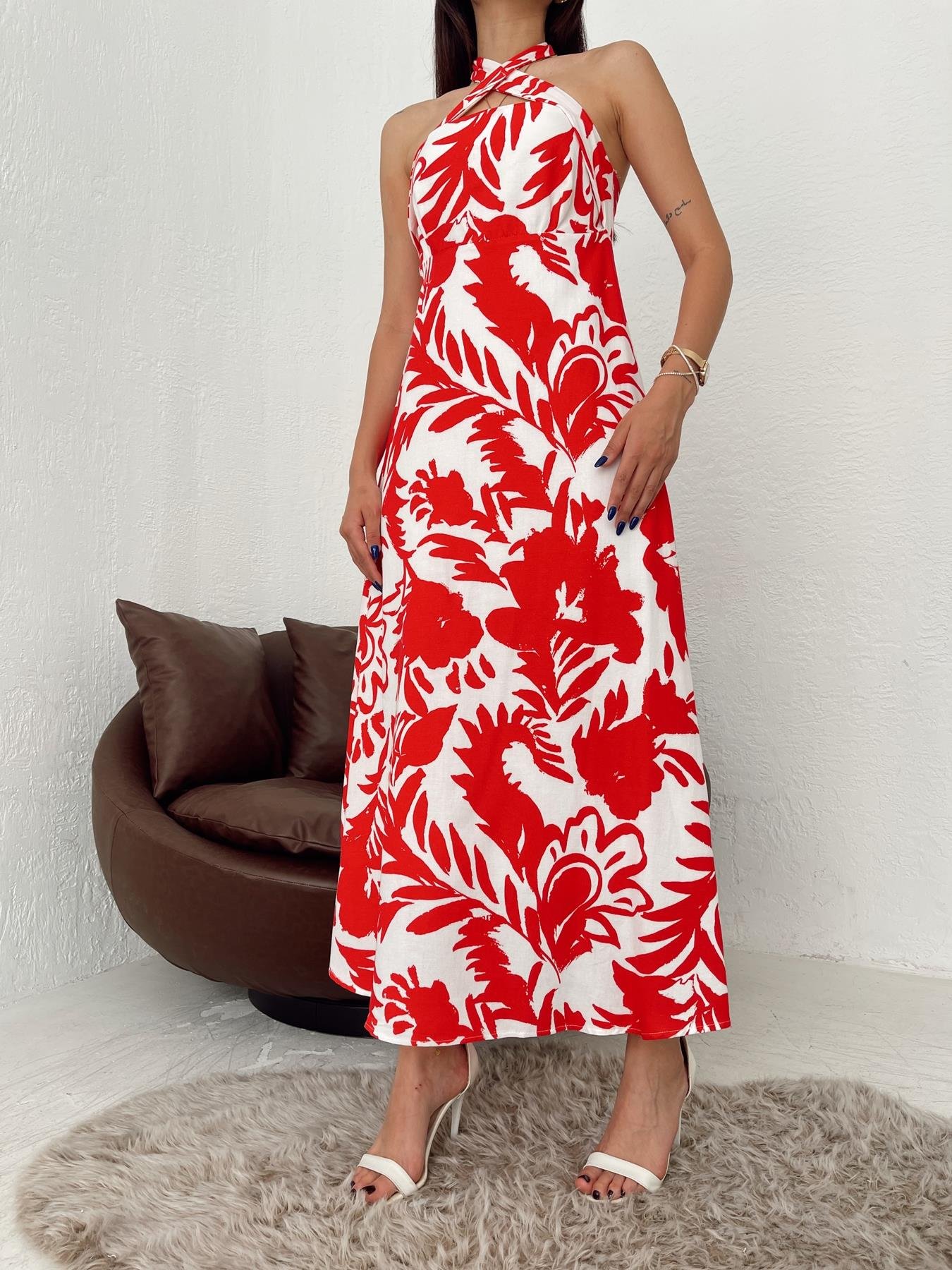 Boyundan Bağlamalı Desenli Elbise KIRMIZI