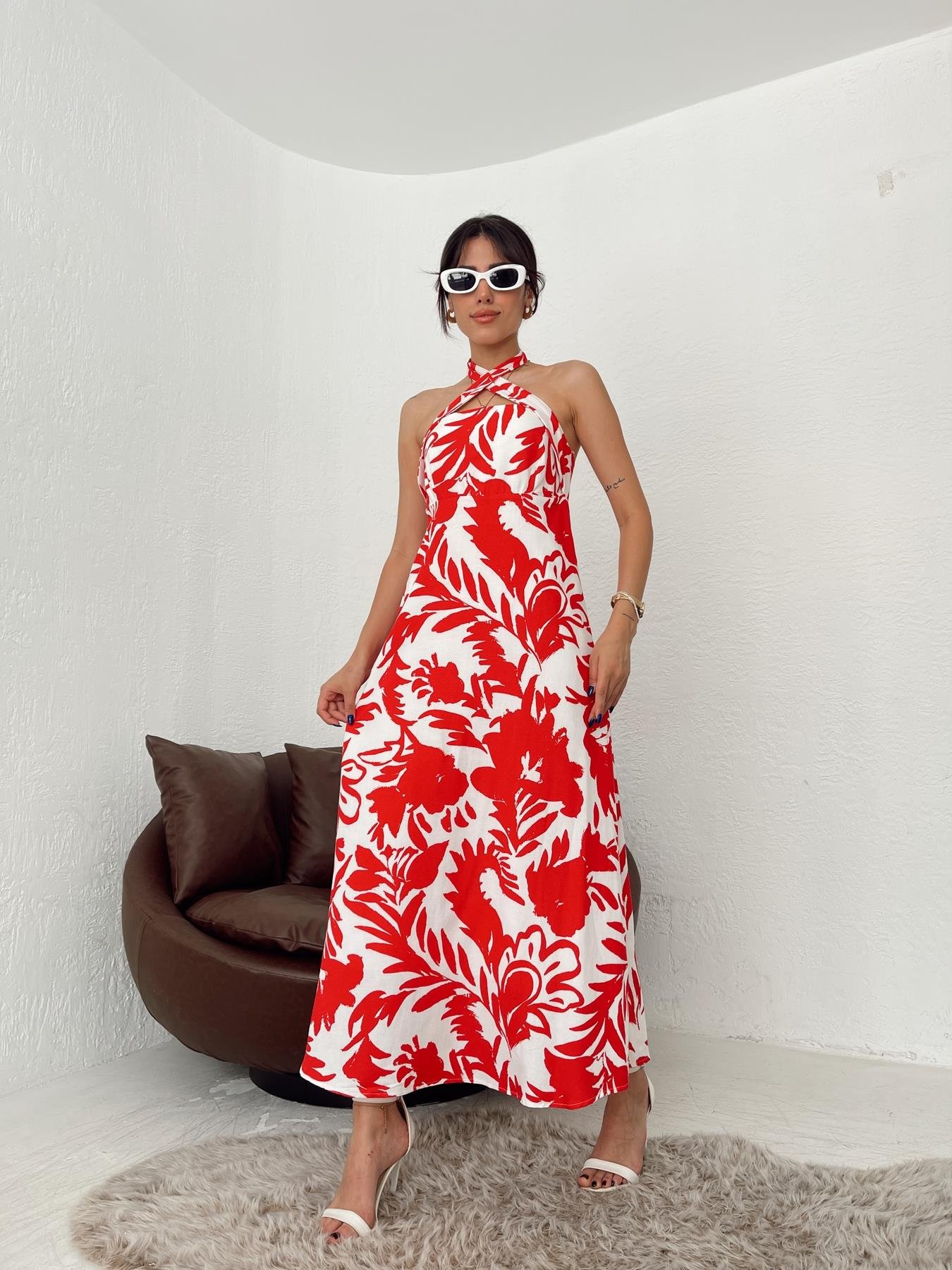 Boyundan Bağlamalı Desenli Elbise KIRMIZI