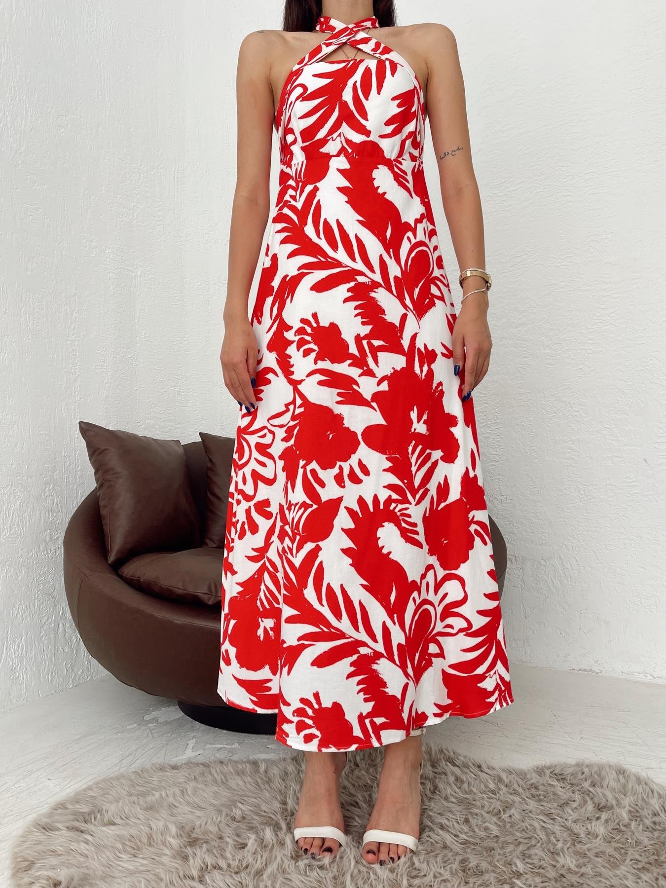 Boyundan Bağlamalı Desenli Elbise KIRMIZI