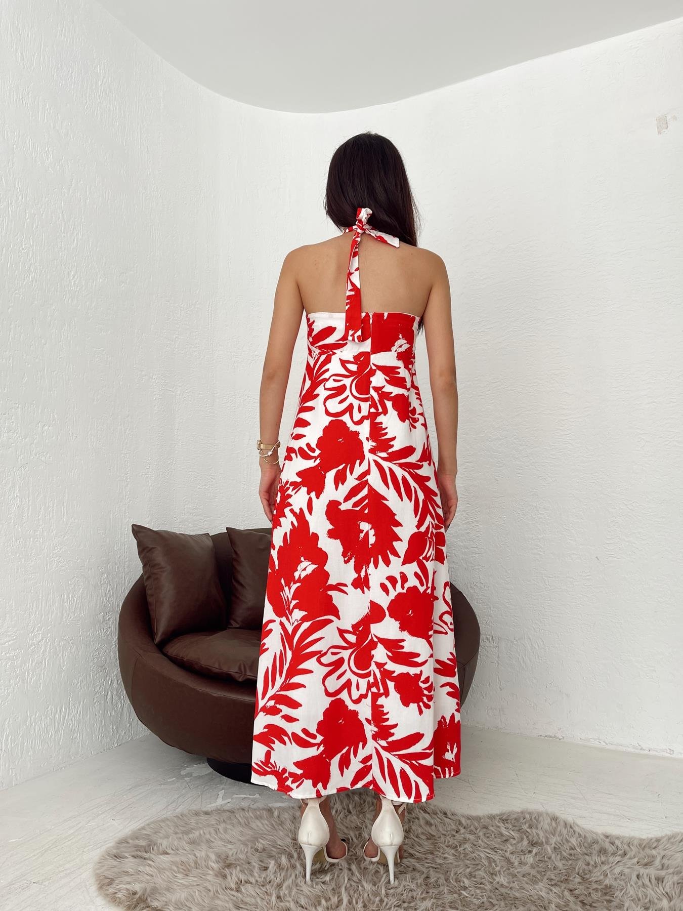 Boyundan Bağlamalı Desenli Elbise KIRMIZI