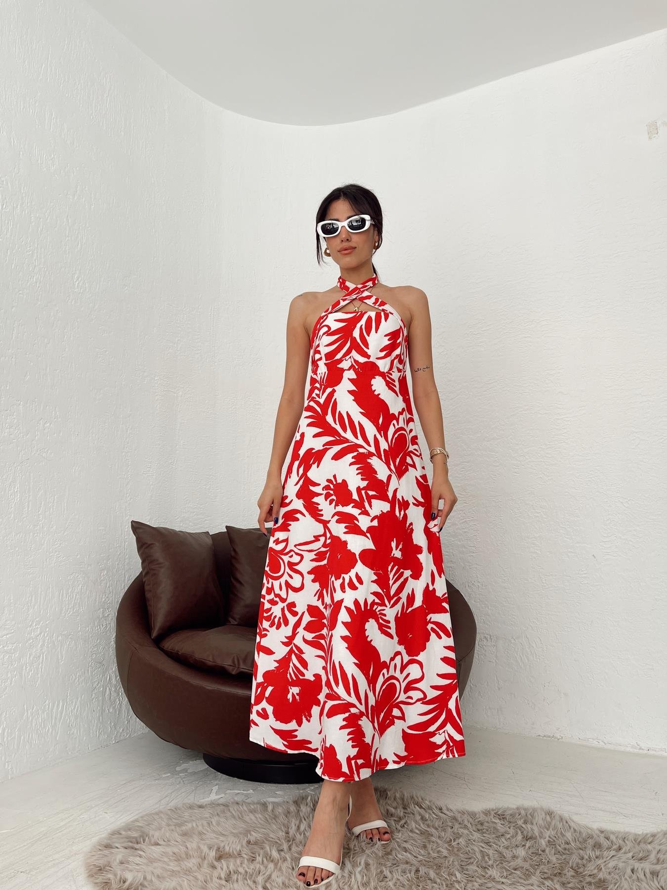 Boyundan Bağlamalı Desenli Elbise KIRMIZI