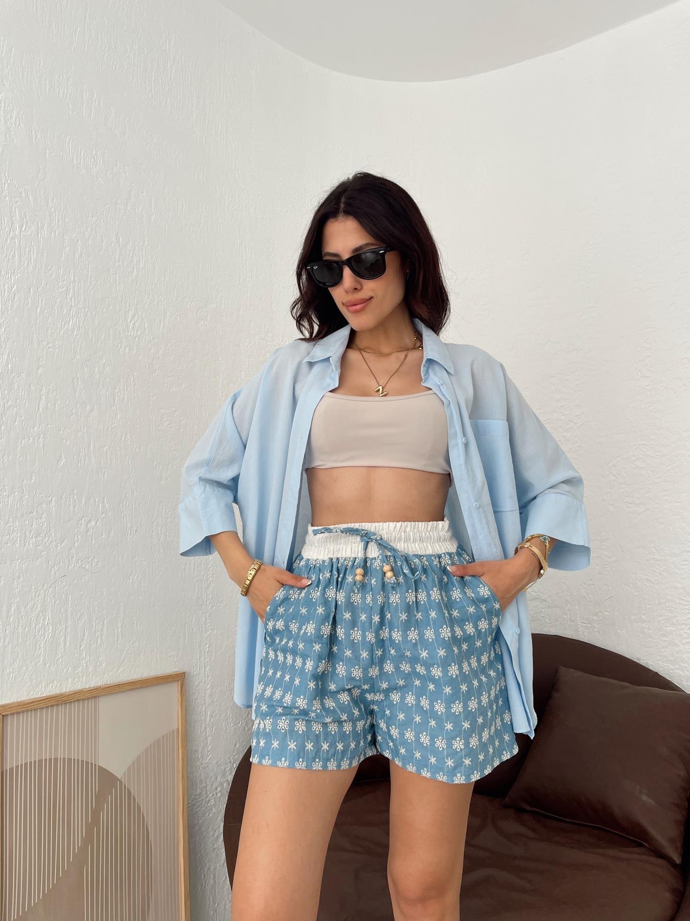 Brode Detaylı Şort MAVİ