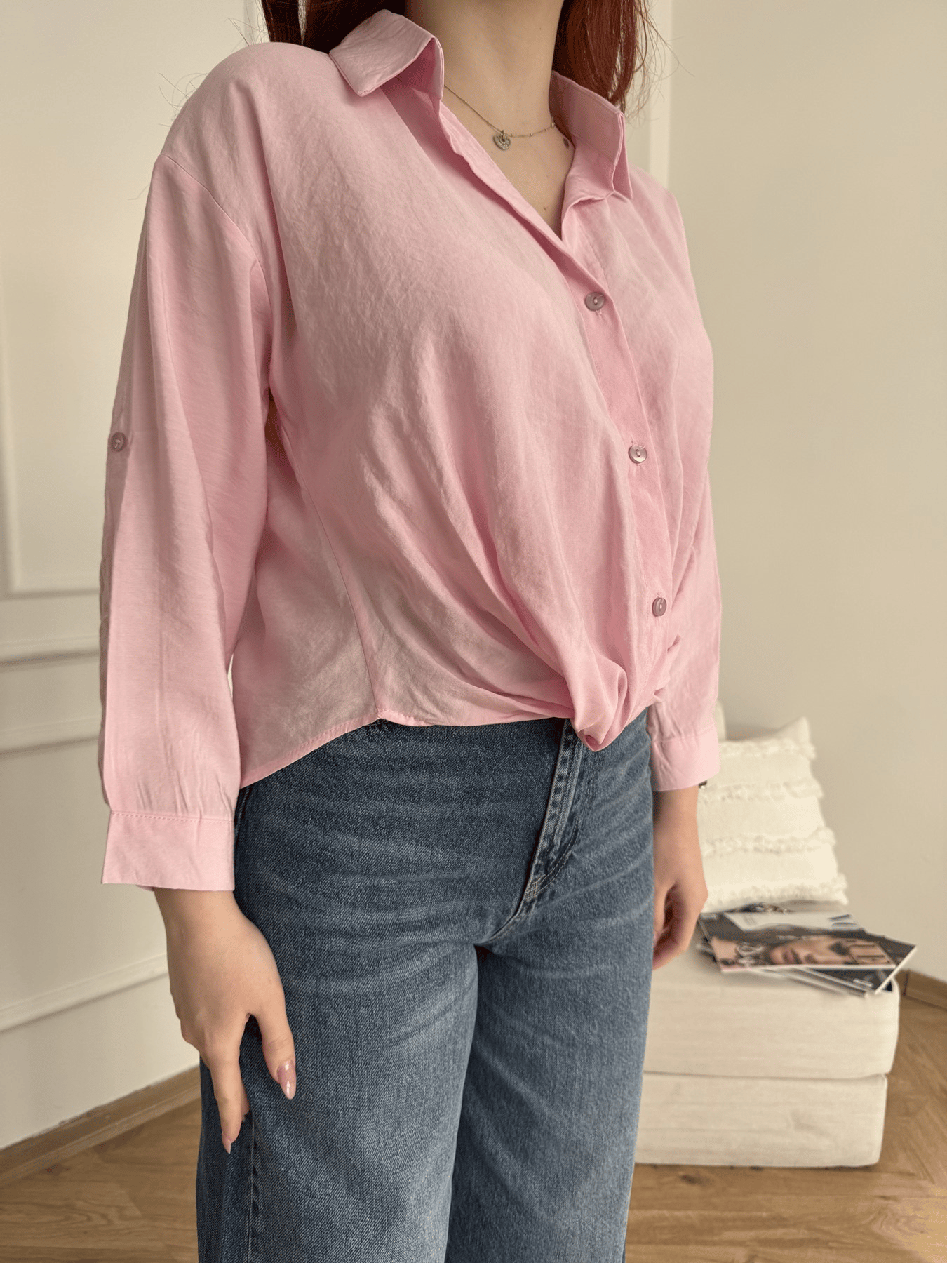 Burgulu Crop Gömlek Pembe