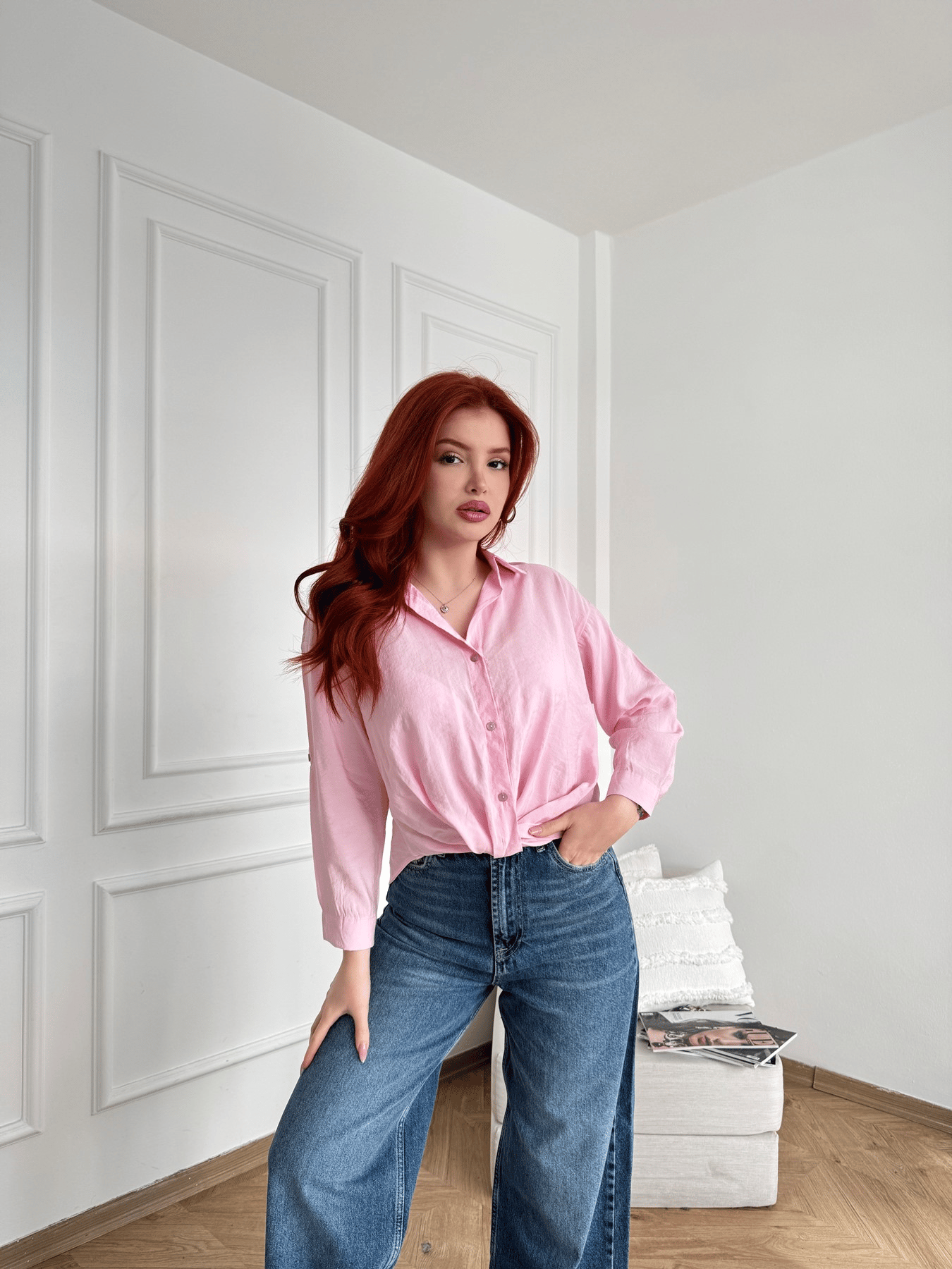 Burgulu Crop Gömlek Pembe
