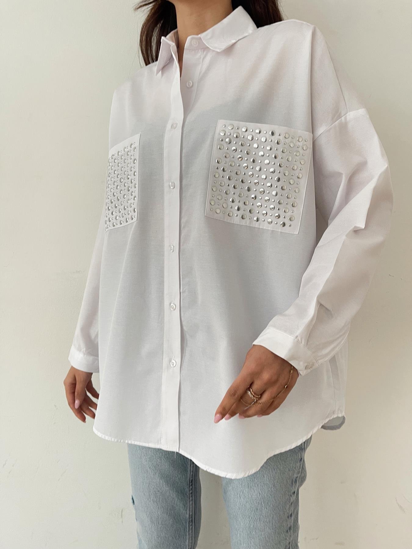 Cepleri Taşlı Gömlek BEYAZ