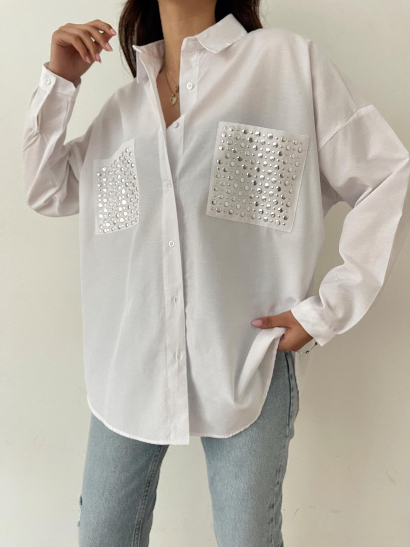 Cepleri Taşlı Gömlek BEYAZ