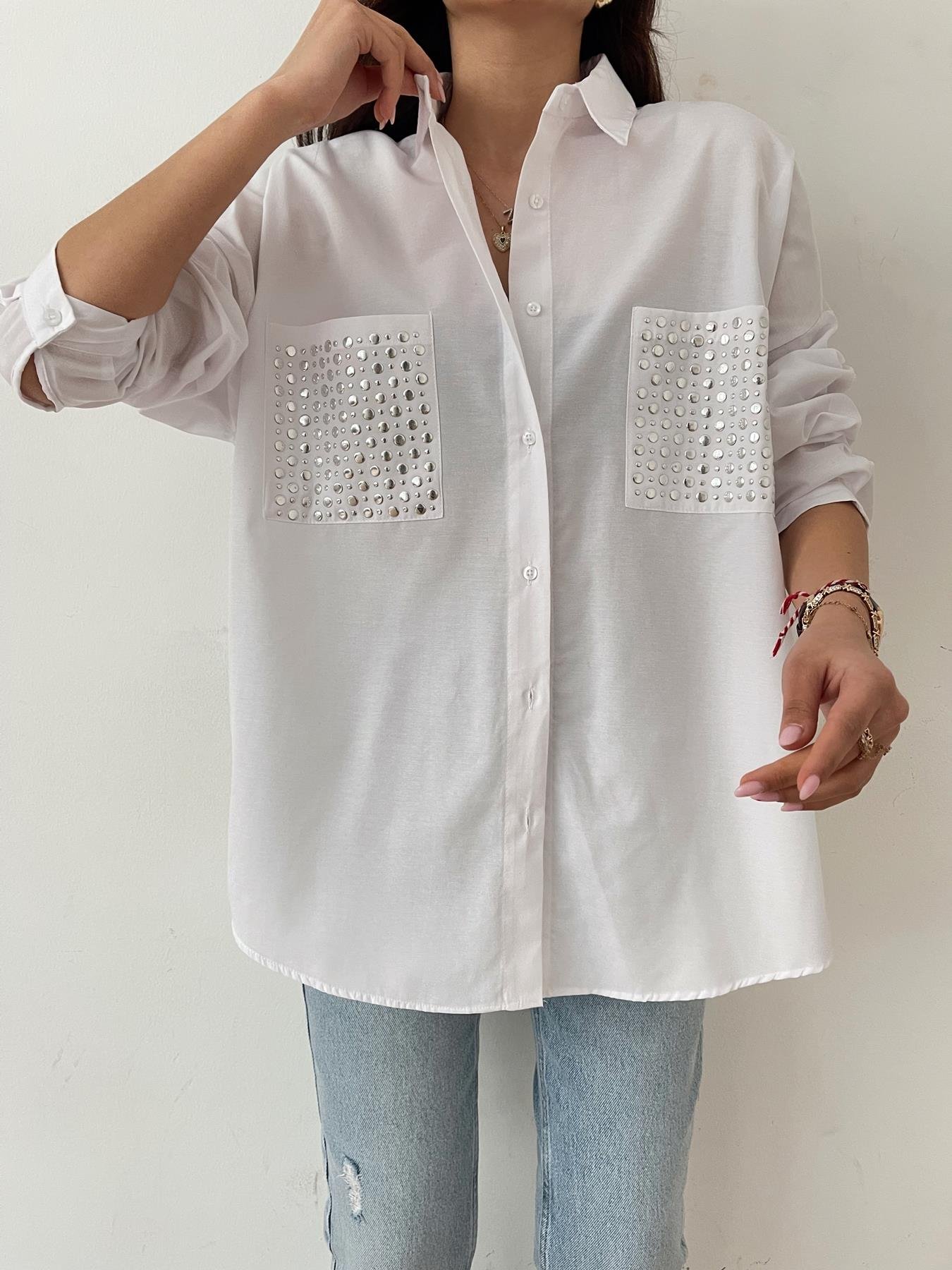Cepleri Taşlı Gömlek BEYAZ