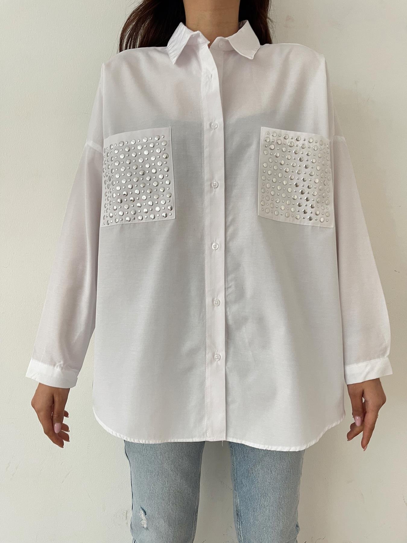 Cepleri Taşlı Gömlek BEYAZ
